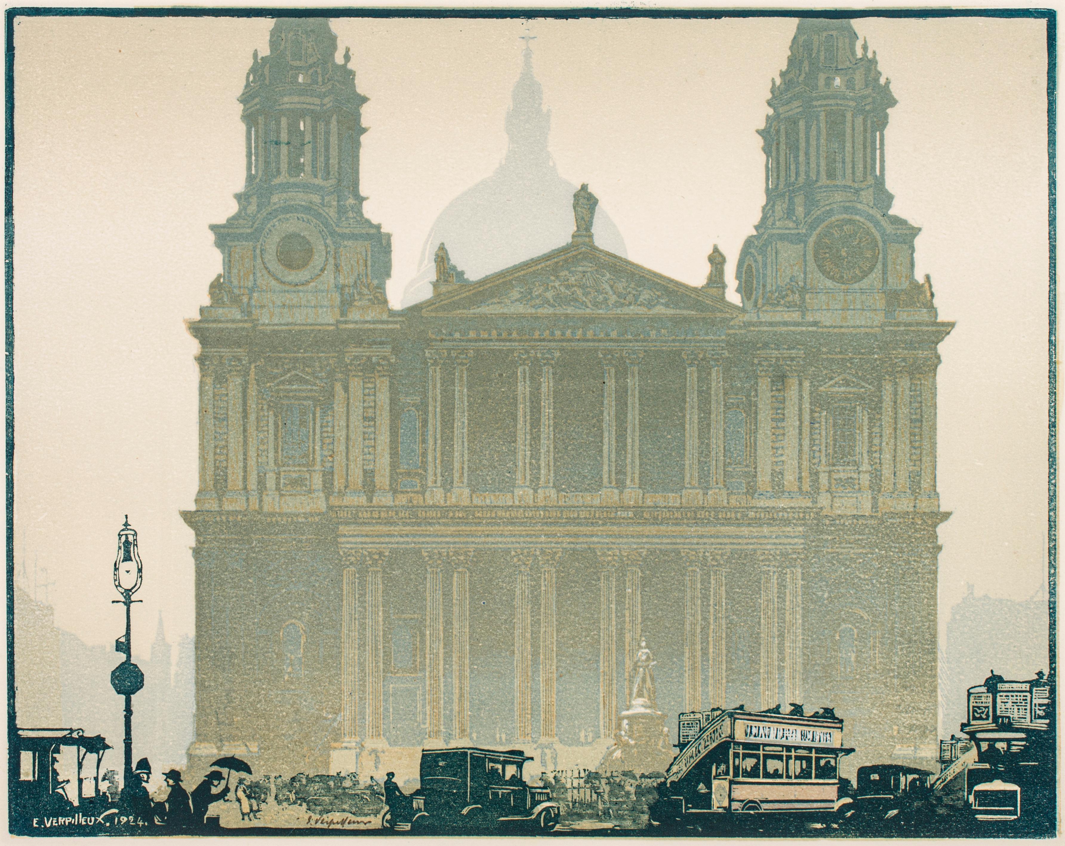 Emile Antoine Verpilleux, 1888-1964
Die St. Paul's Kathedrale: Regentag, 1924
Original-Holzschnitt, in Farben gedruckt
14 x 18 Zoll
Mit Bleistift signiert