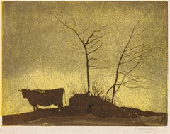 Original Woodcut & Printed Colors of Pasture, Emile Antoine Verpilleux, ca. 1920