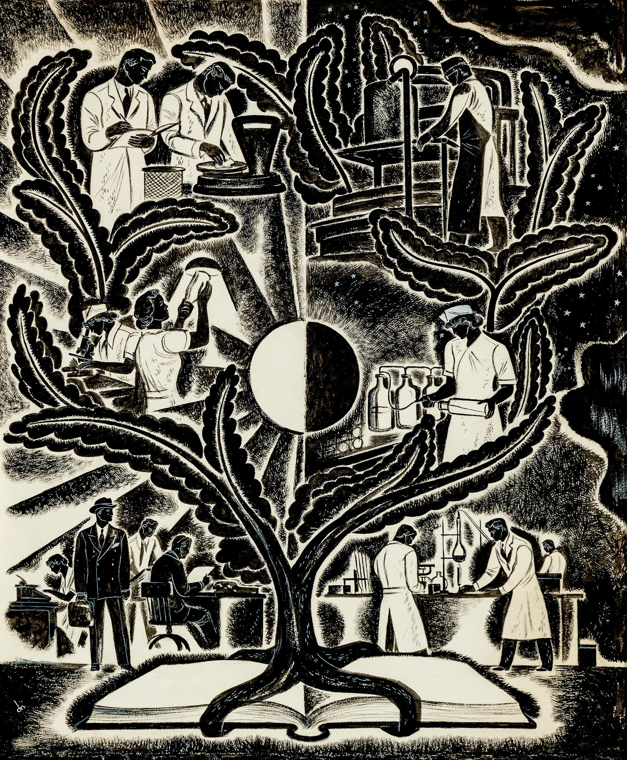 Dale Nichols, 1904-1995 
The Tree of Knowledge, Science, ca.1940 
Ink and china white on paper 
Initialed: dn  

Provenance: 
Susan Teller Gallery, New York 
The Patricia and Donald Oresman Collection 