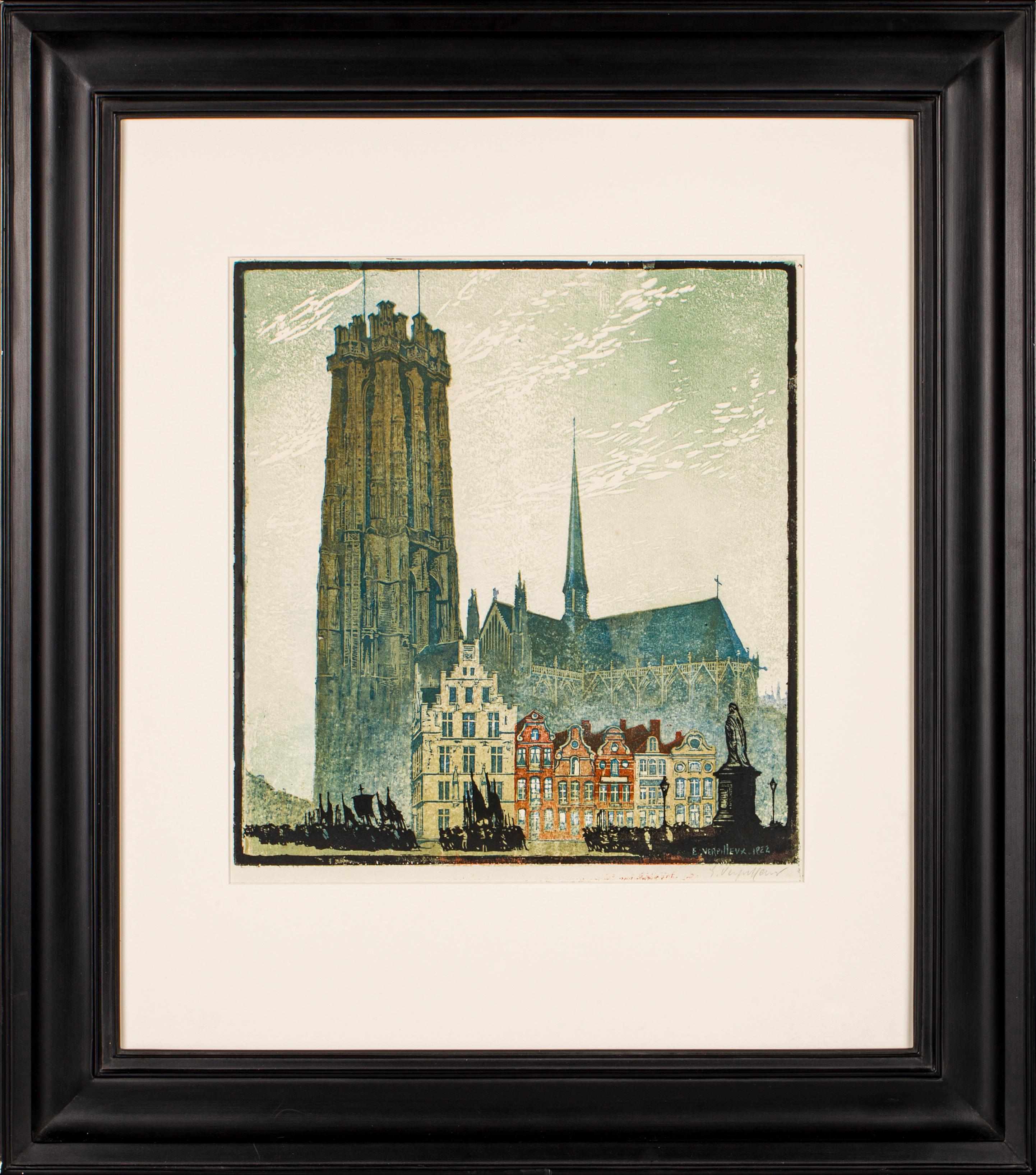 Original Woodcut and Printed Colors of Malines, Emile Antoine Verpilleux, 1922 For Sale 1