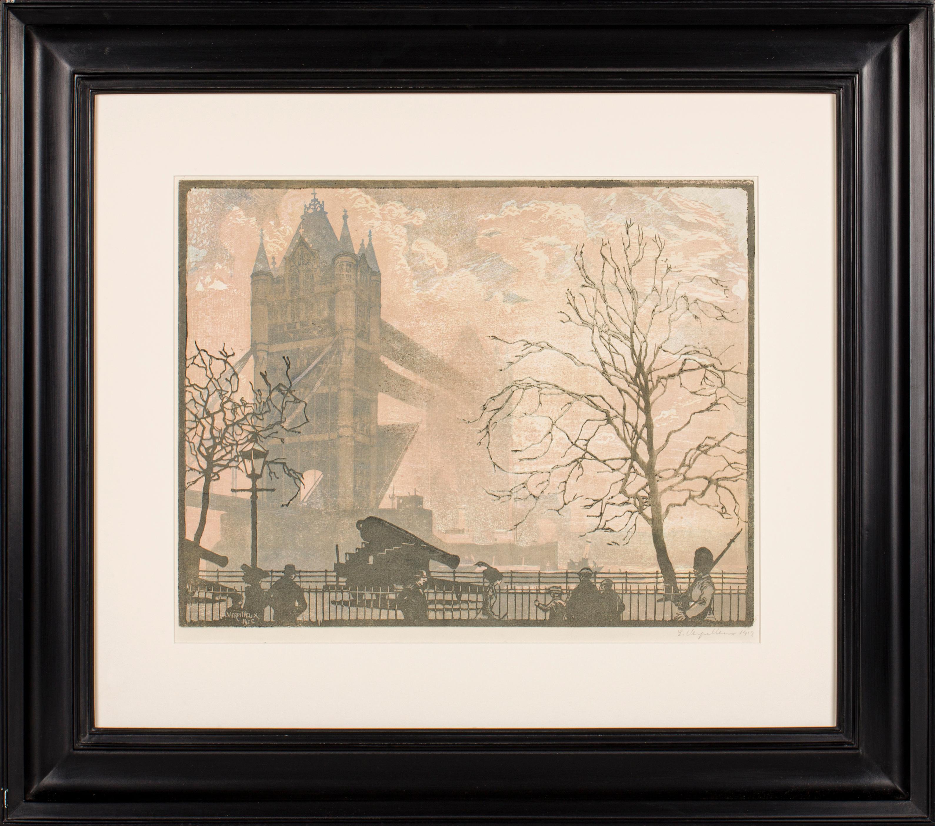 Original Holzschnitt und bedruckte Farben der Tower Bridge, Emile Antoine Verpilleux im Angebot 1