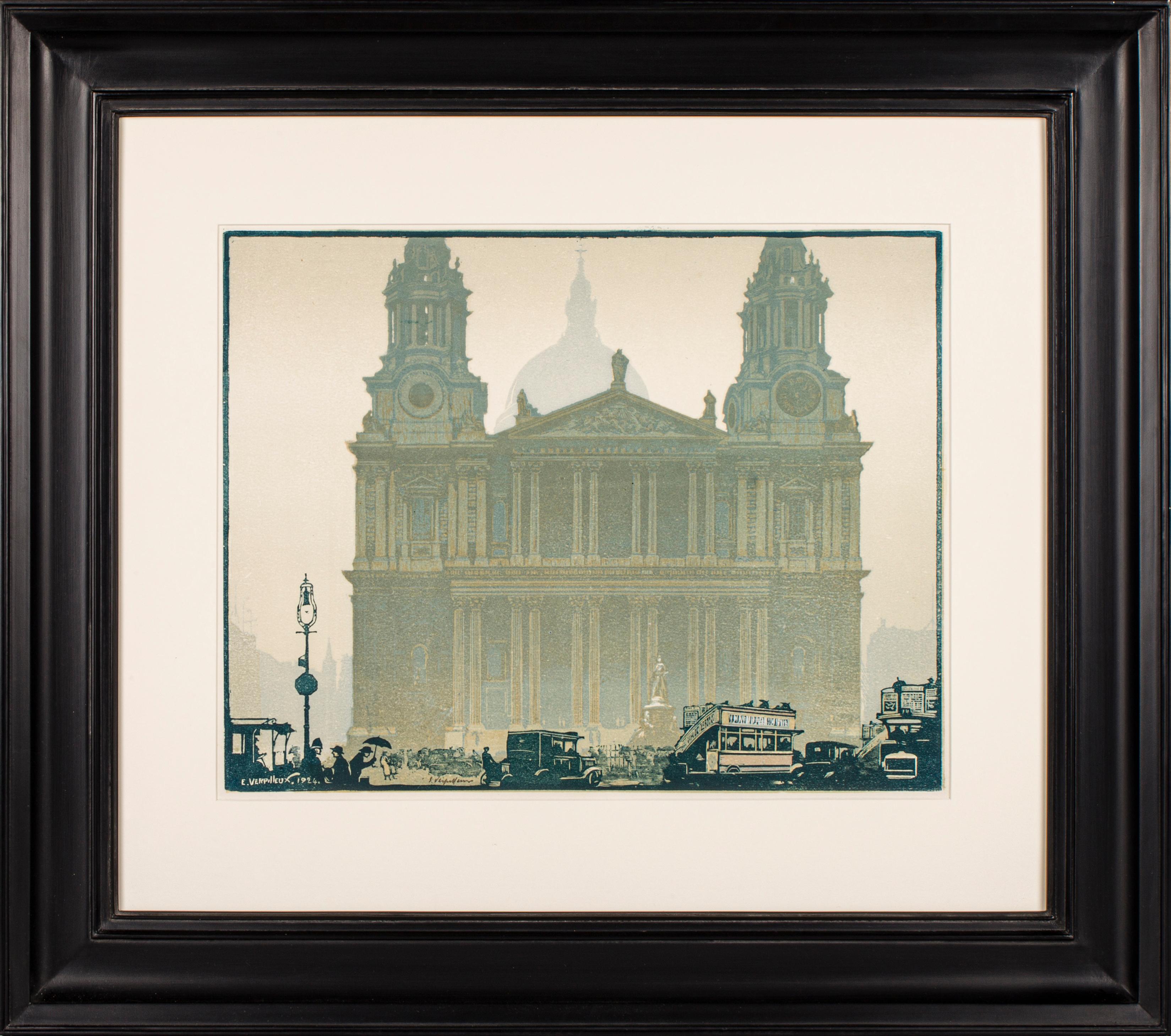 Original Woodcut of St. Paul’s Cathedral: Rainy Day, Emile Antoine Verpilleux For Sale 1
