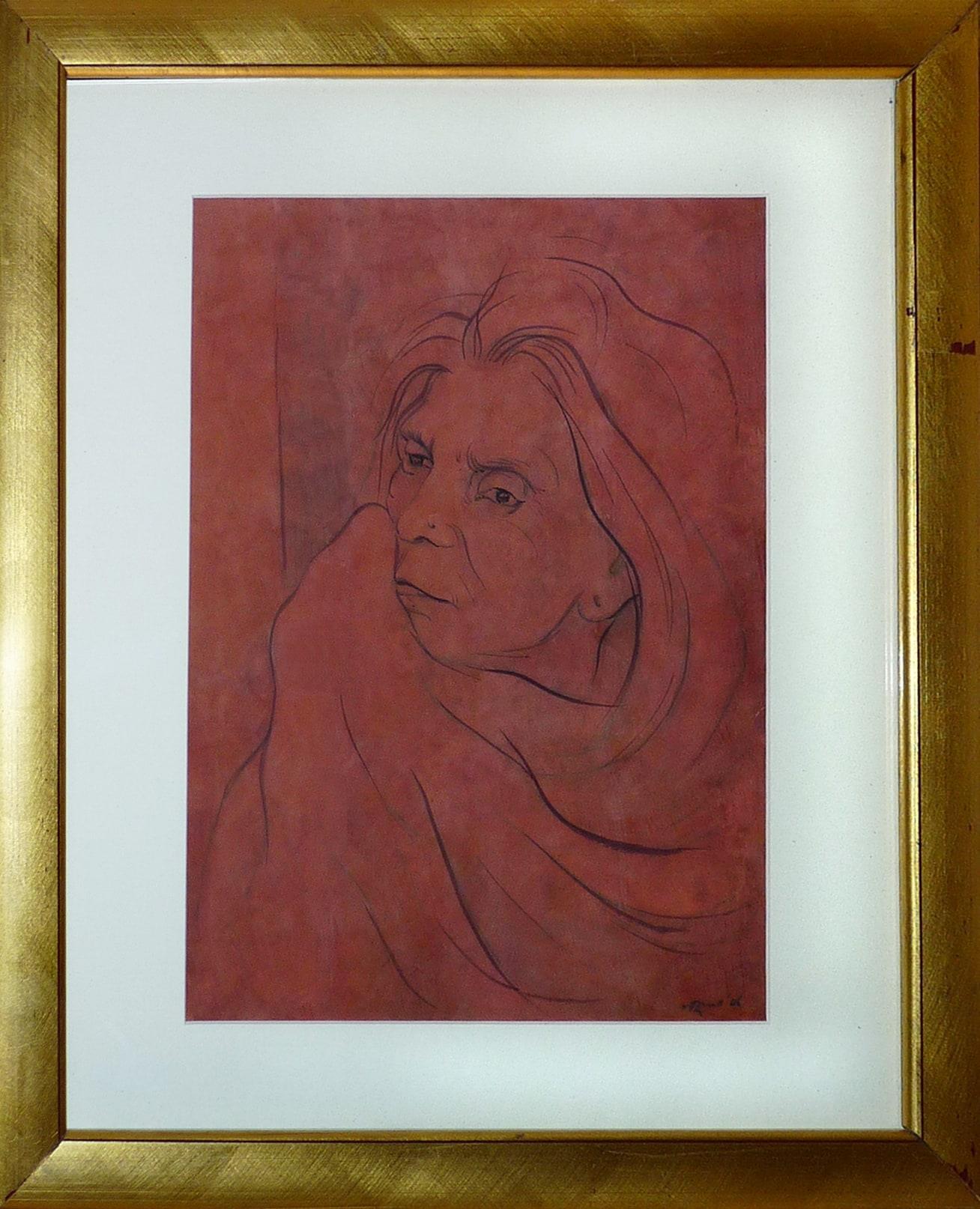 Disegno a tempera su carta di una donna anziana, di Nakul Mondal (India), 2006 in vendita 1