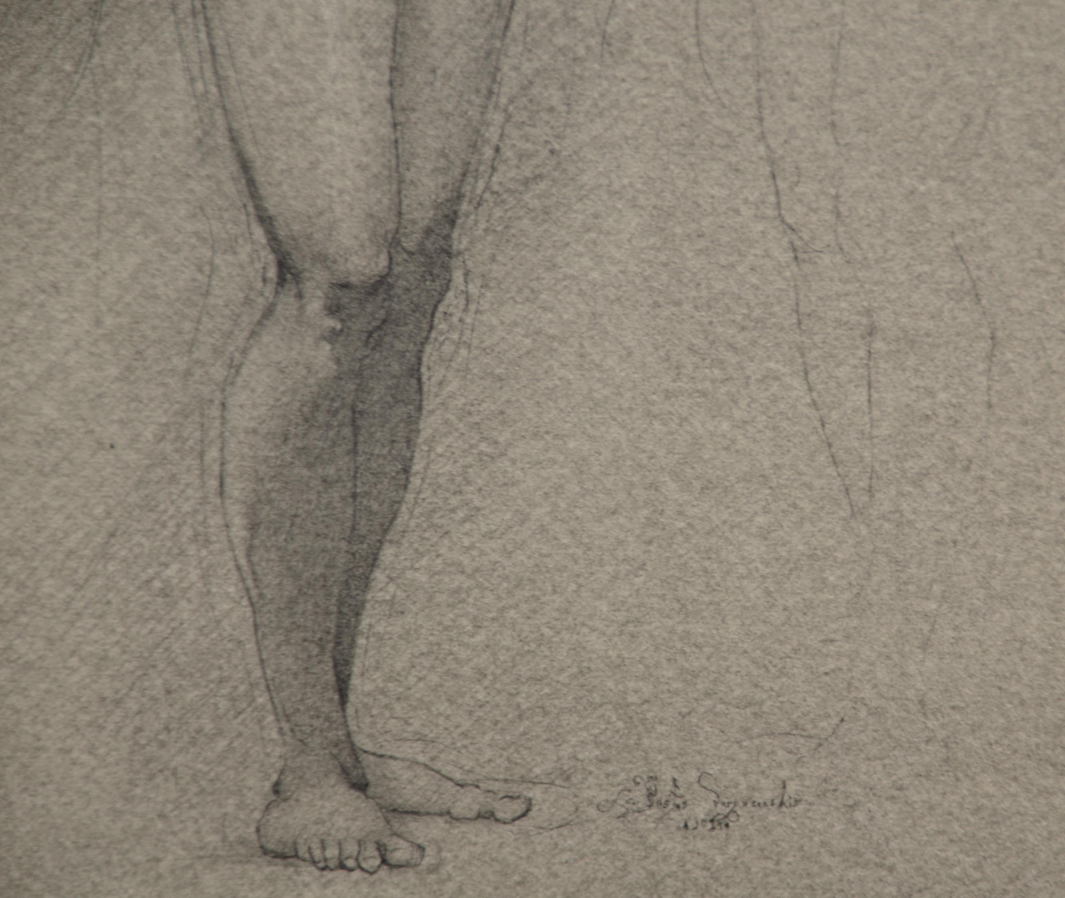 Florentine Figure Drawing, 7x10 inches. Graphite and White Chalk on Toned Paper. Drawing by artist Justas Varpucanskis. This piece utilizes the 