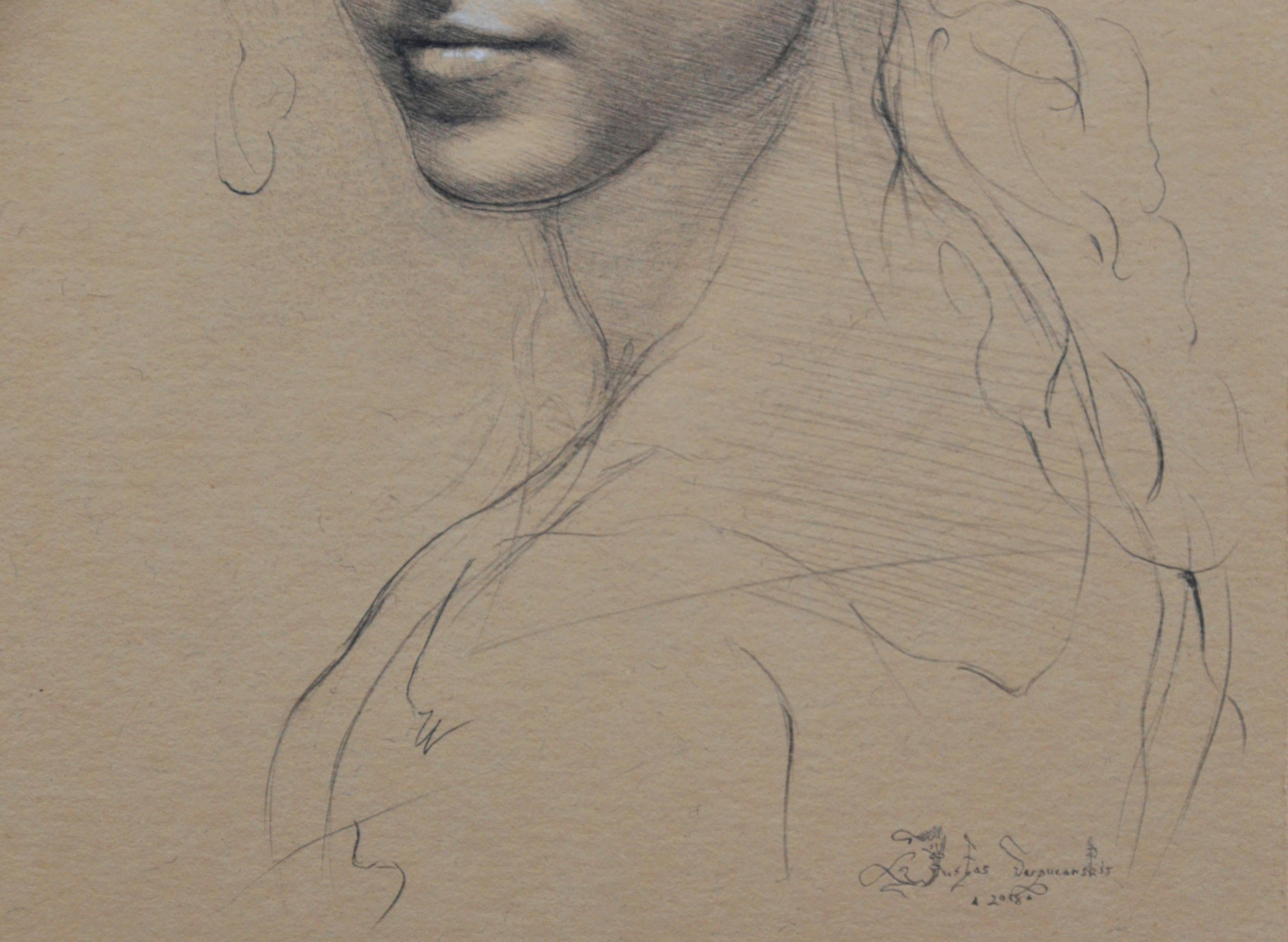 La Bella Attrice, 7.75 x 5.5 inches. Graphite and White Chalk on Toned Paper. Drawing by artist Justas Varpucanskis. This piece utilizes the 