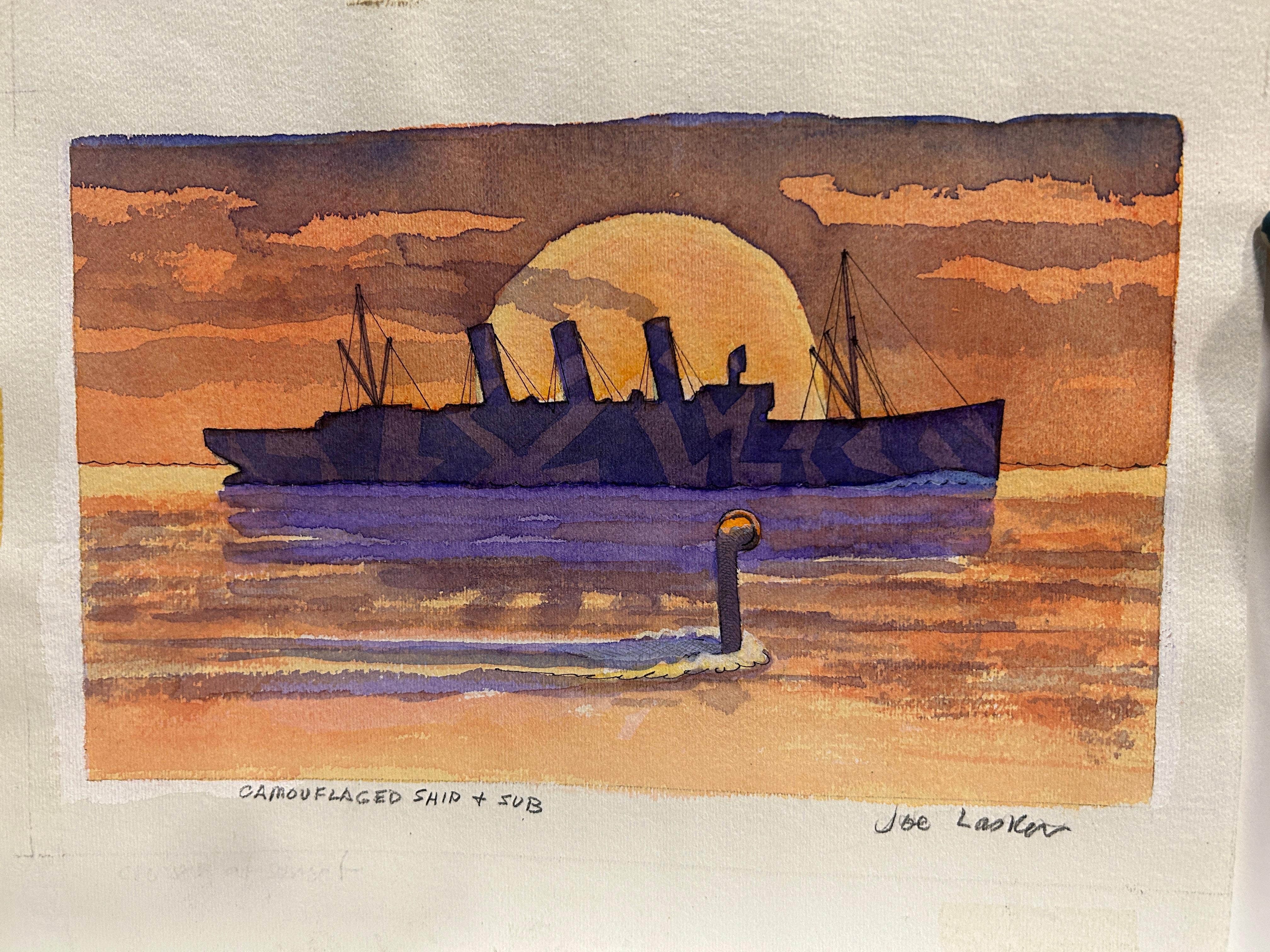 Camouflaged Ship + Sub - Art by Joe Lasker