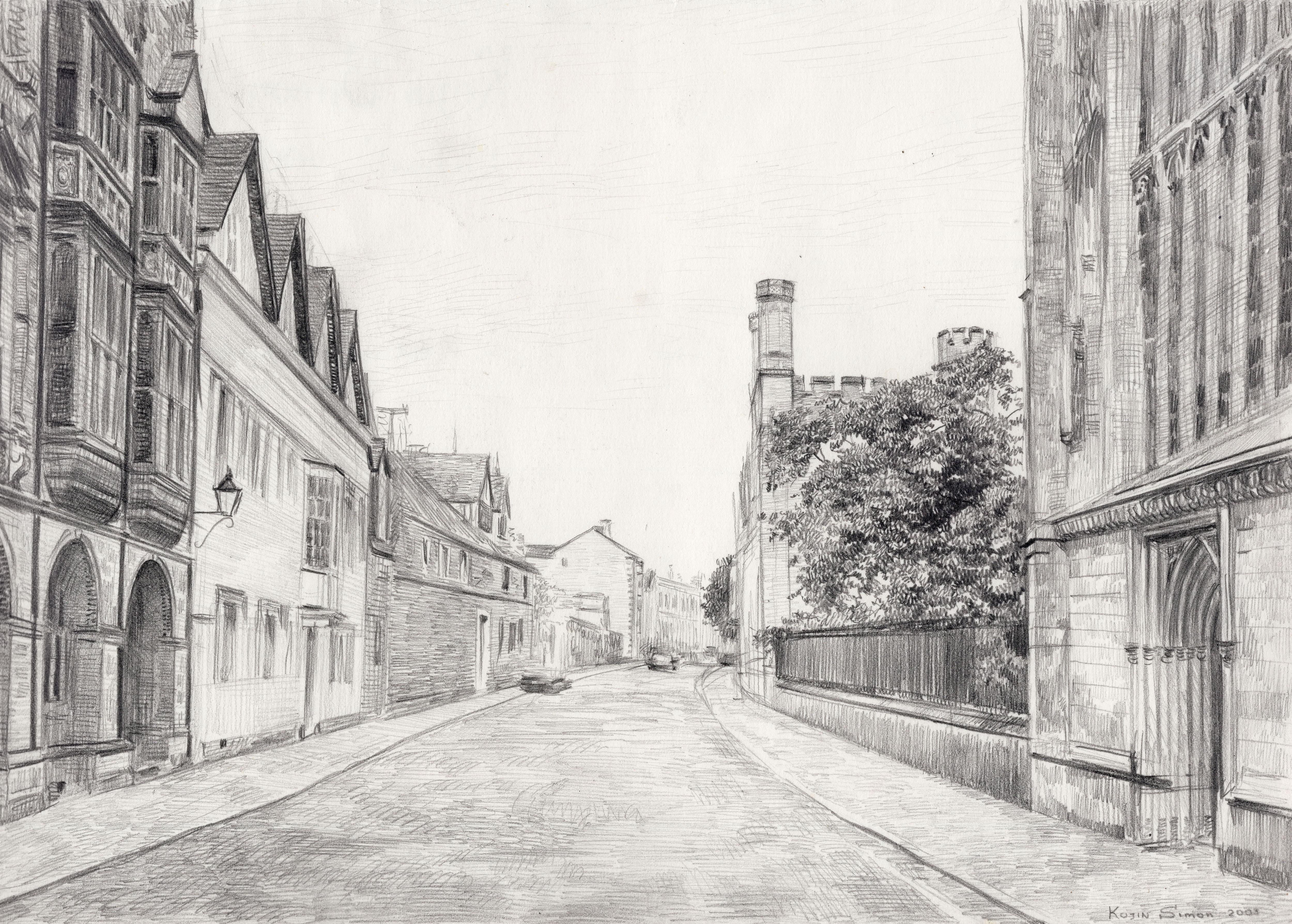 I made this sketch from nature while I was in one of the old and beautiful streets of Oxford. It was a gray day, sometimes it started to rain a little, and there were not many people outside. Gothic-style stone buildings are pleasing to the eye of