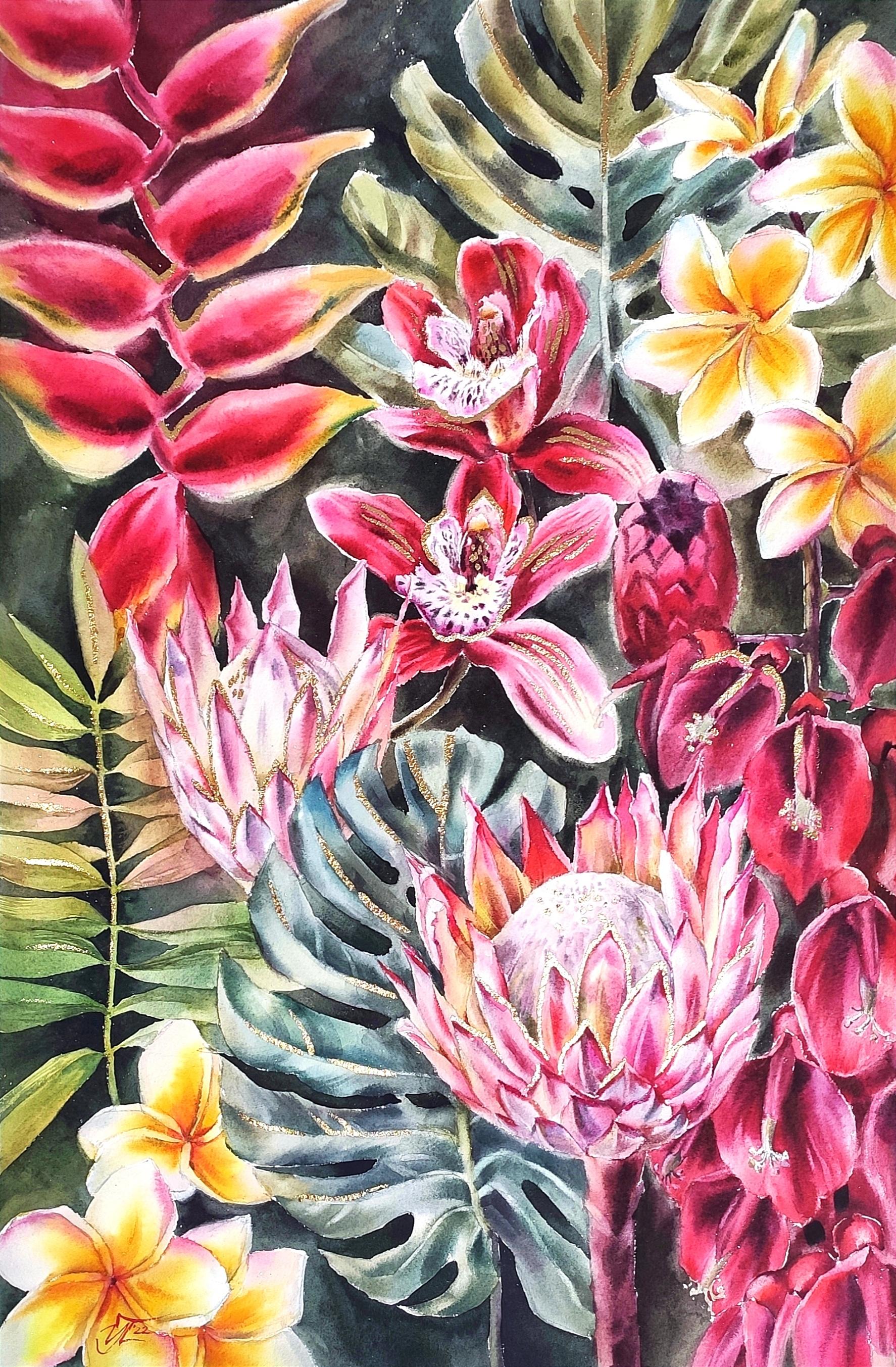 Irina Pronina Interior Art – Tropisches Blumenstrauß-Aquarellgemälde mit goldenen Innenblumen, Kunst Aquarelle