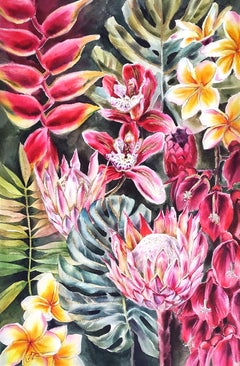 Aquarelle - Bouquet tropical avec fleurs intérieures en or - Art Aquarelle