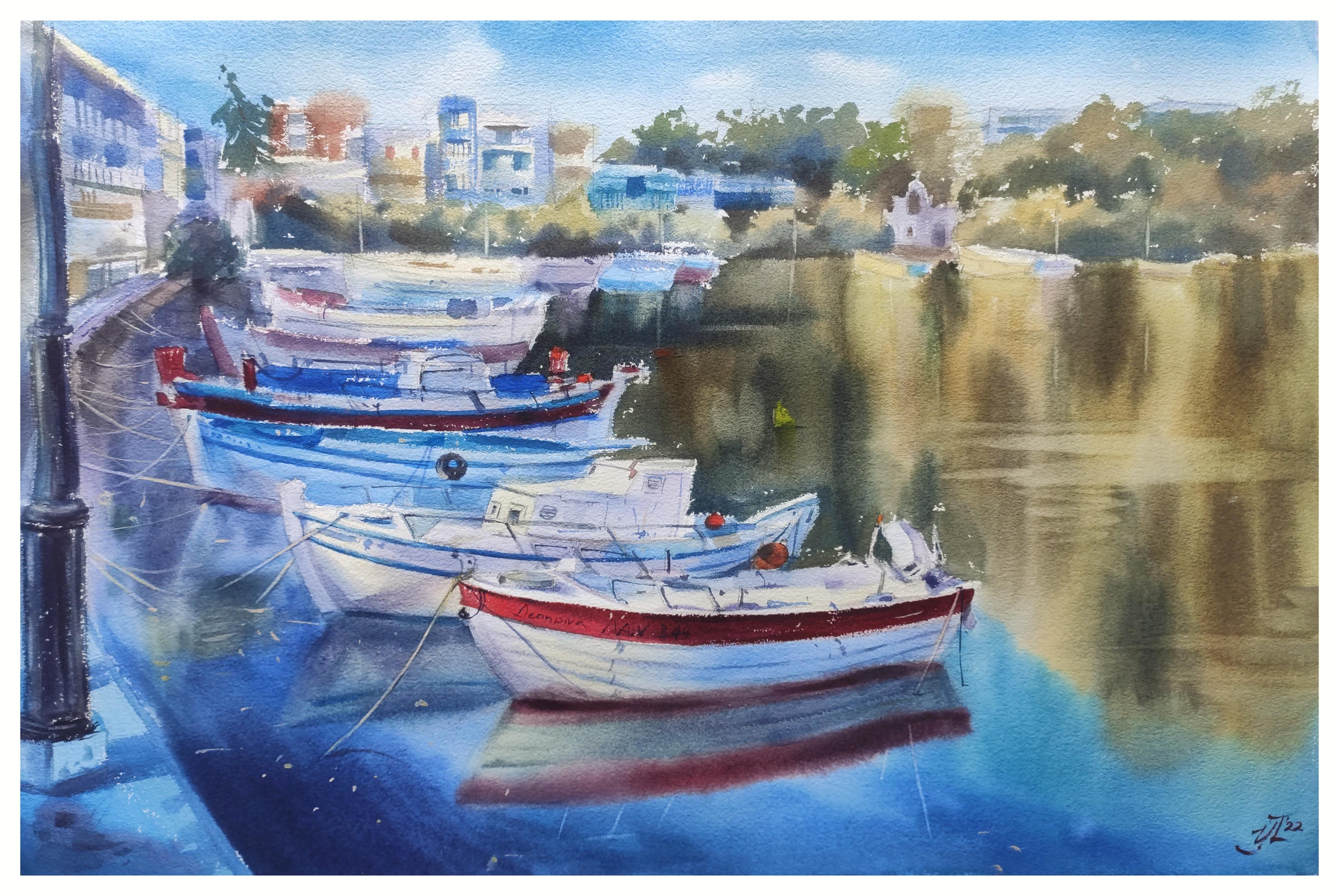 Irina Pronina Landscape Art - Boats and the sea Watercolor painting Blue sea Summer painting Sea port