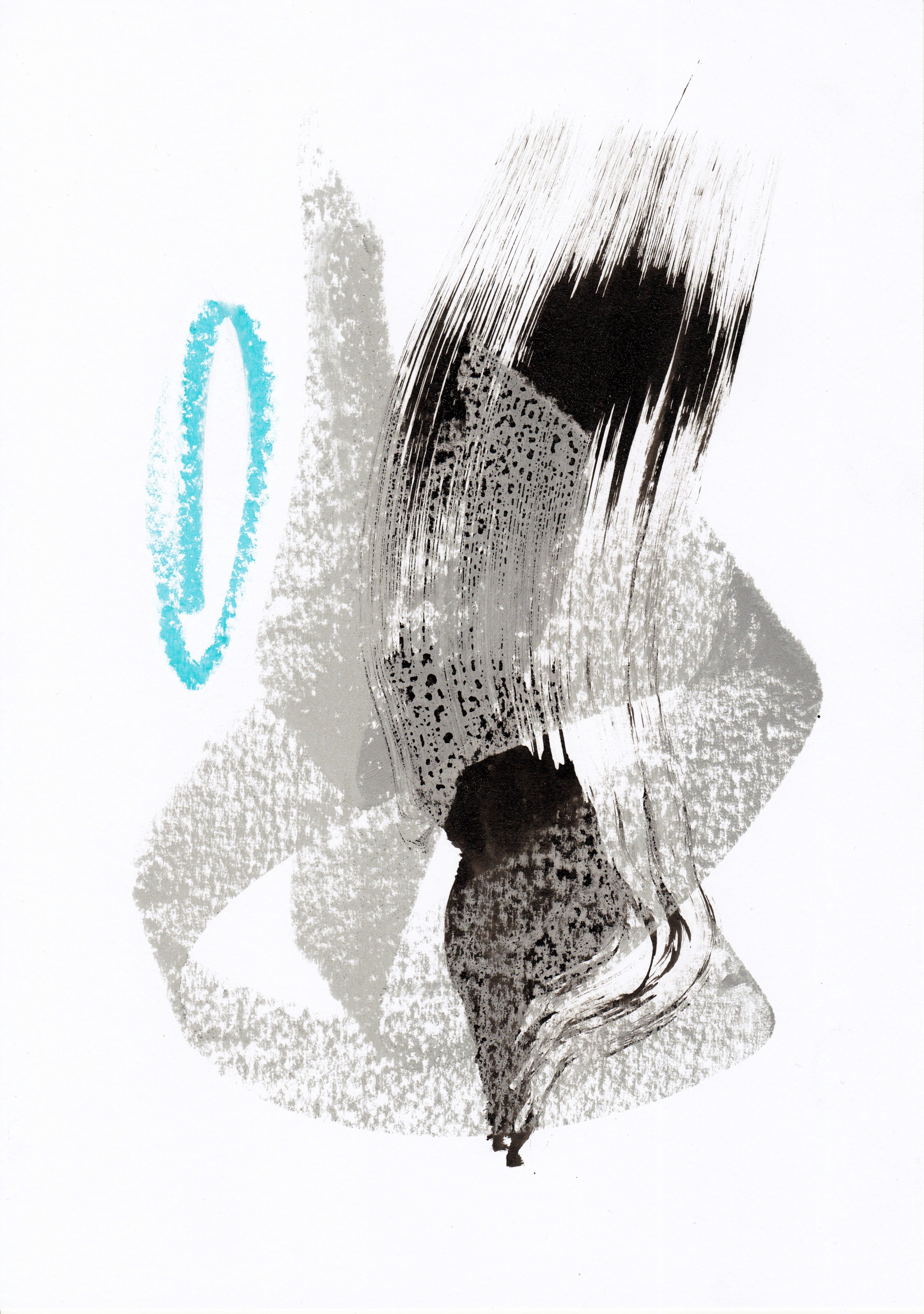 Sve Gri Abstract Drawing – Abstrakte Kalligrafie. e Energetische, gestische Zeichnung. Humor Silber Mood - 1
