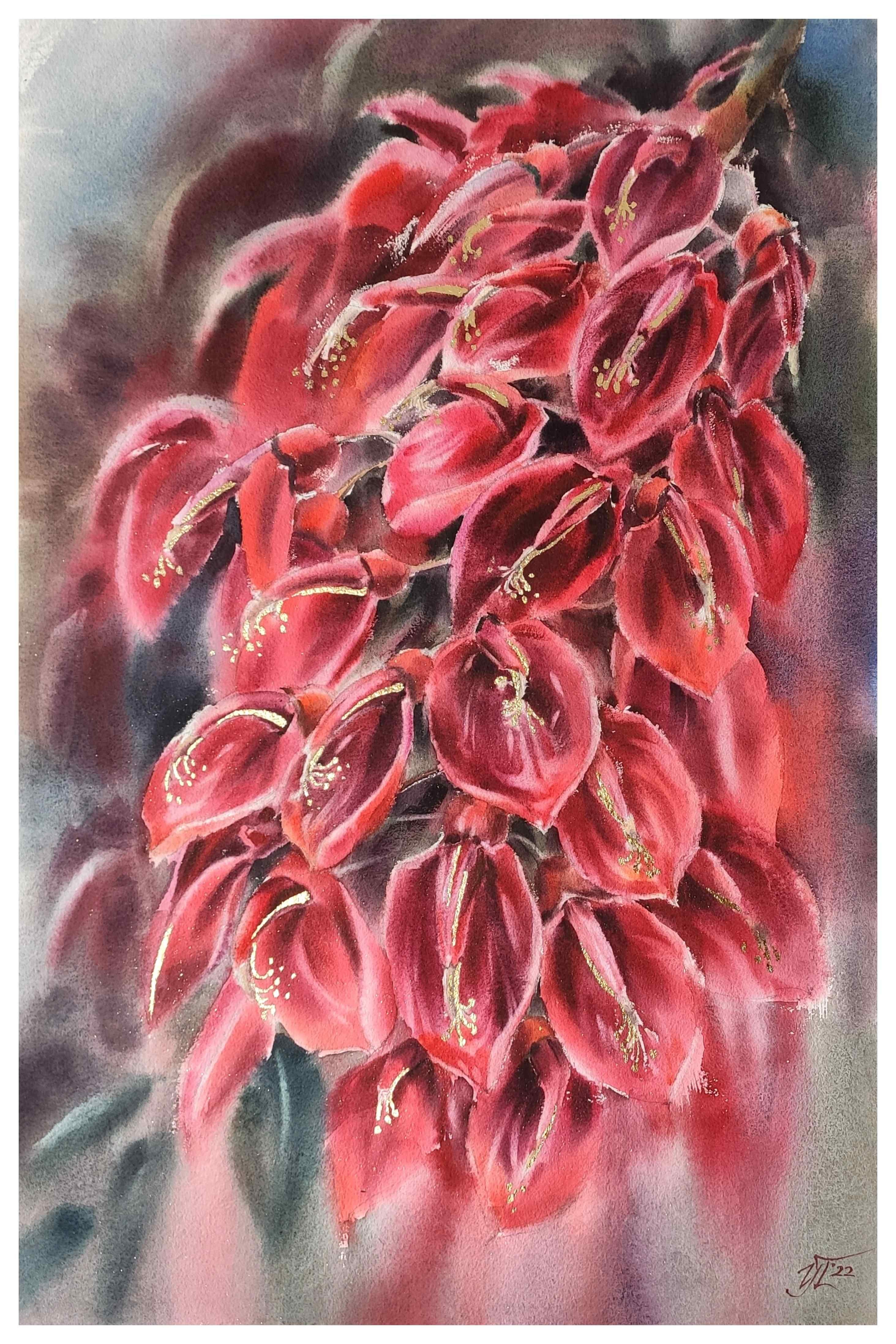 Red tropical flowers Watercolor painting Golden elements