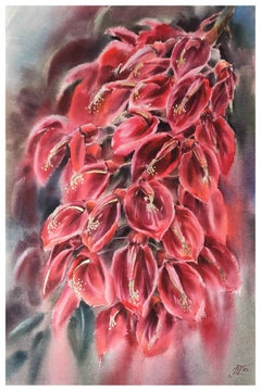 Rotes tropische Blumen Aquarellgemälde mit goldenen Elementen