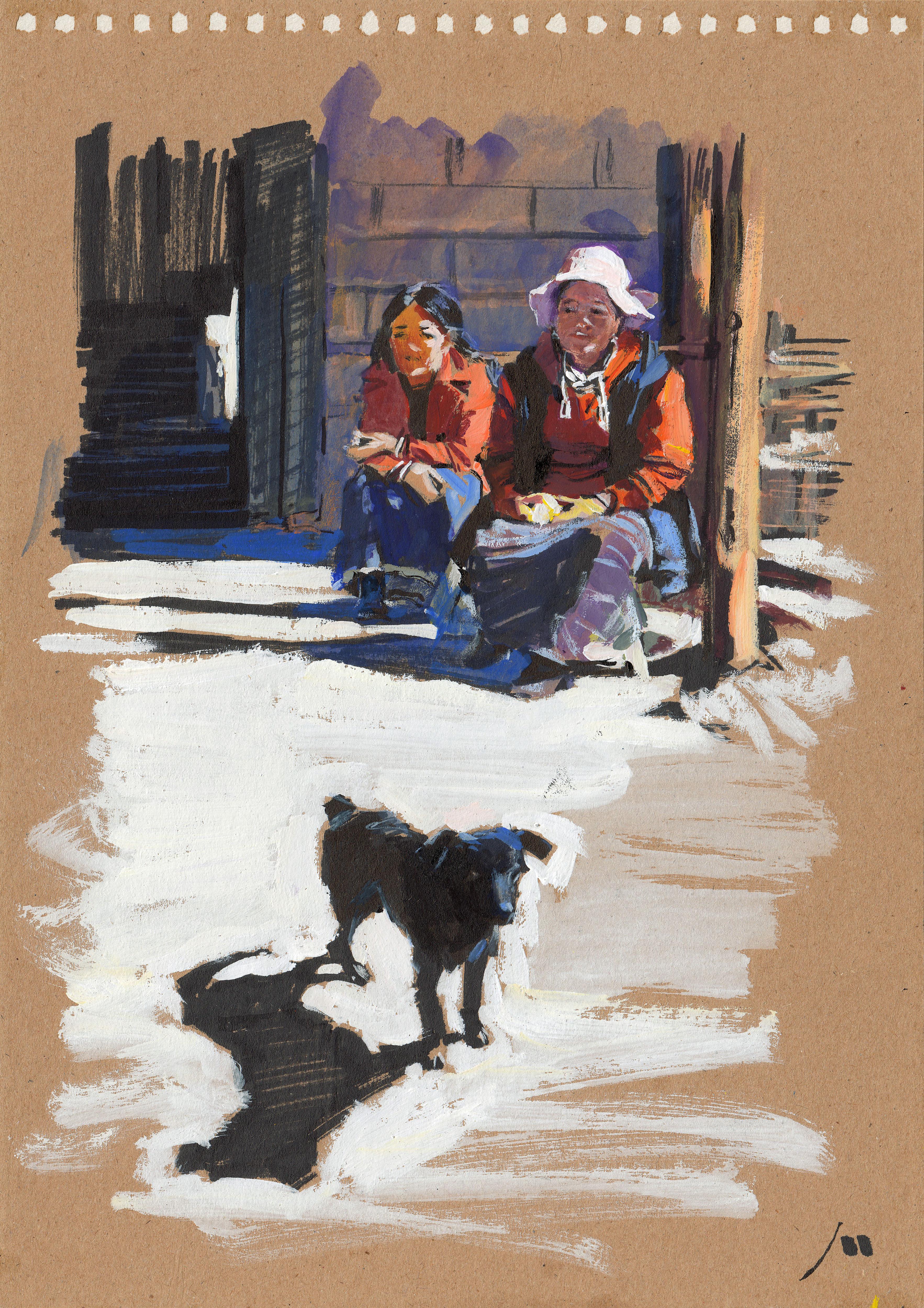 Evgeniy Monahov Figurative Art - The Girls and their Dog in Tibetan village (sketch)