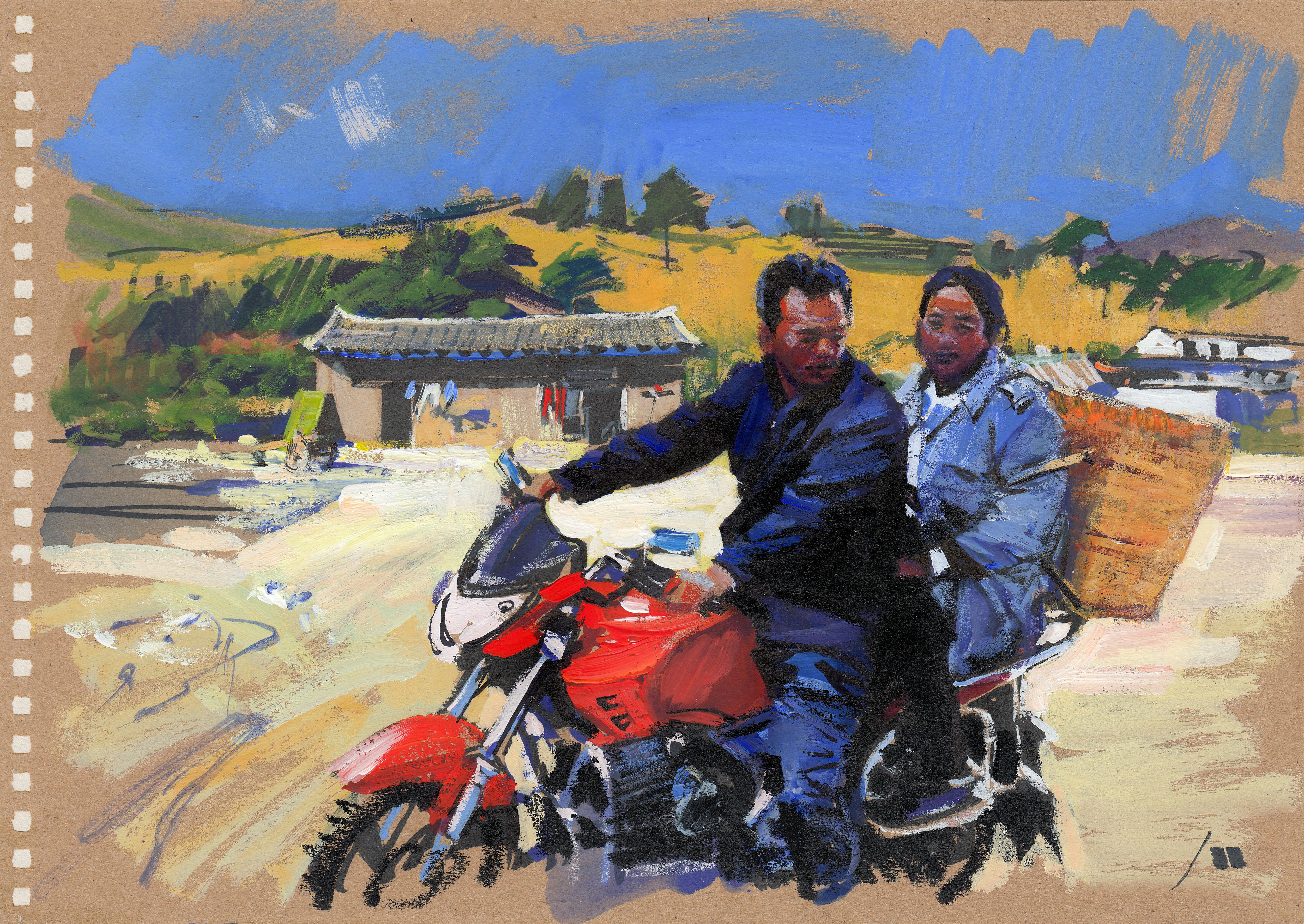 Evgeniy Monahov Figurative Art - Two on the road, Muli-Tibet County, China (sketch)