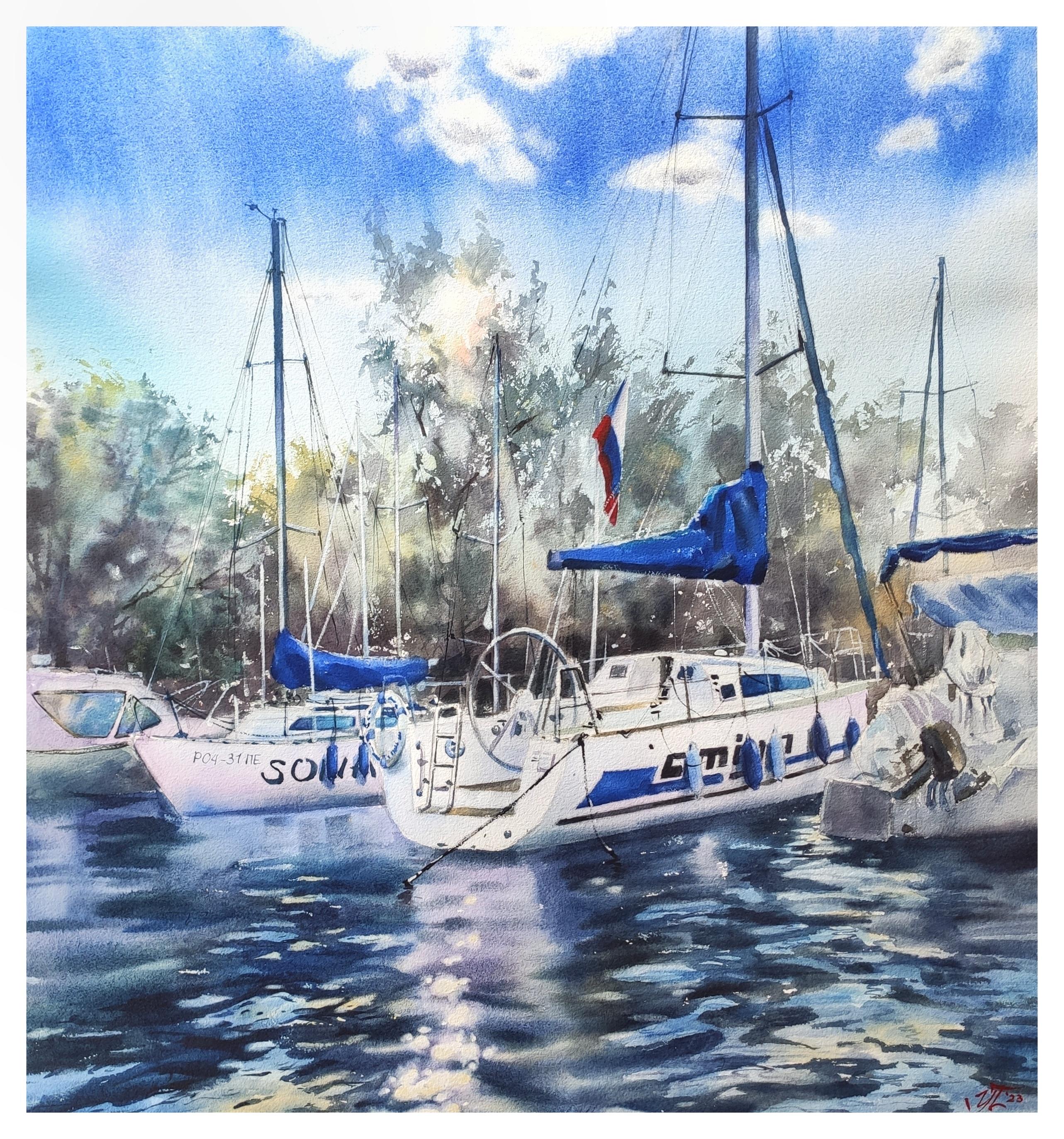 Summer highlights Boats at the sea Watercolor painting