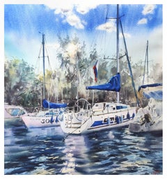 Summer highlights Boats at the sea Watercolor painting