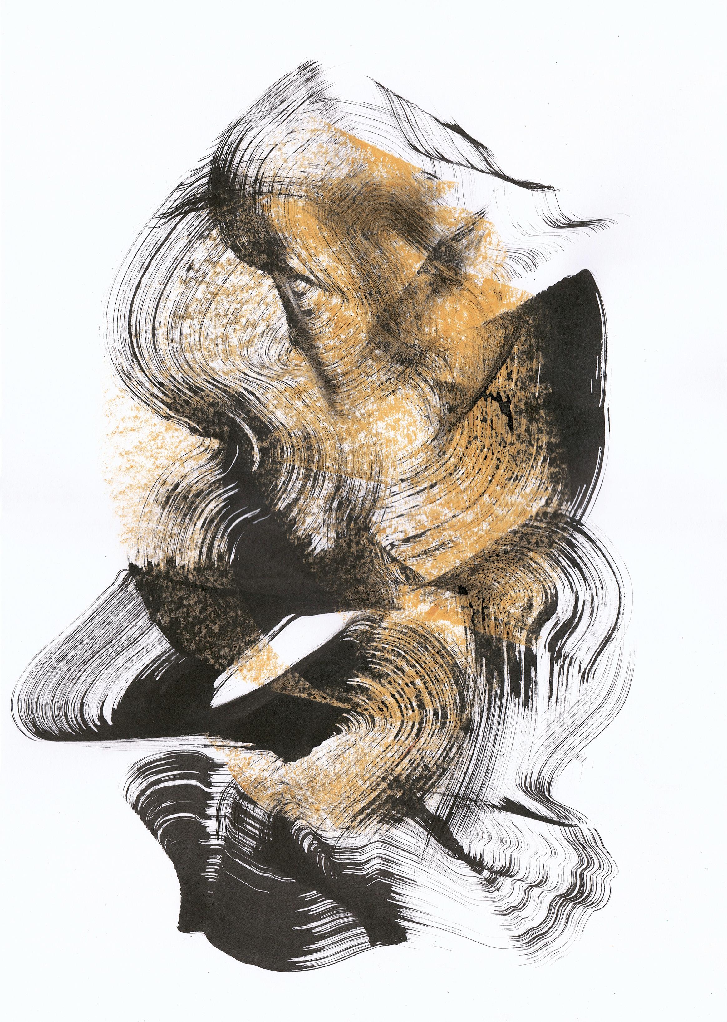 Sve Gri Abstract Drawing – Abstrakte kalligrafische Pinselzeichnung. Intuitive Zen-Kunst. Bewegungsmuster