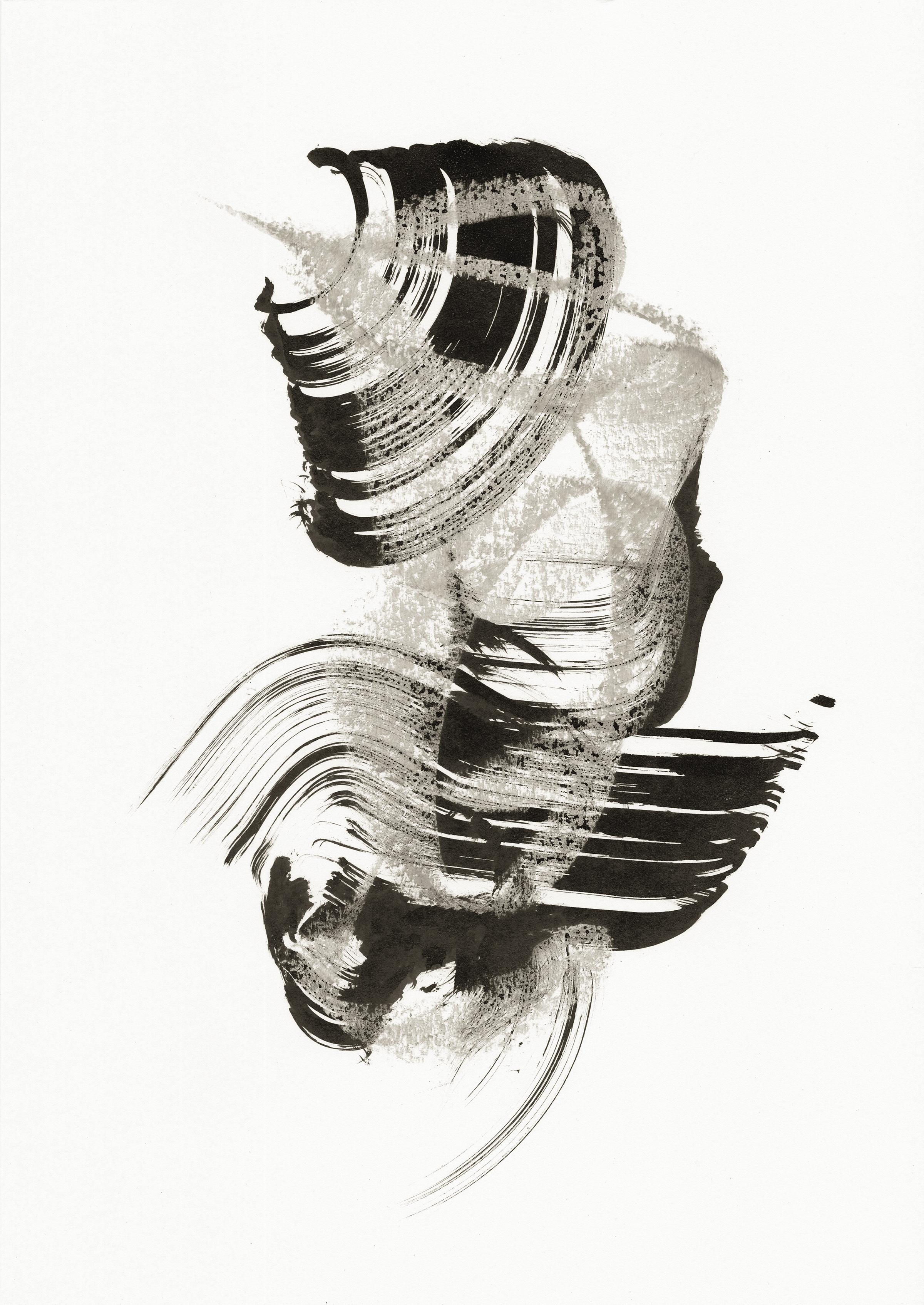 Sve Gri Abstract Drawing – Intuitives Zen-Zeichnen. Abstrakter Minimalismus. Monochrome Kunst. UFO