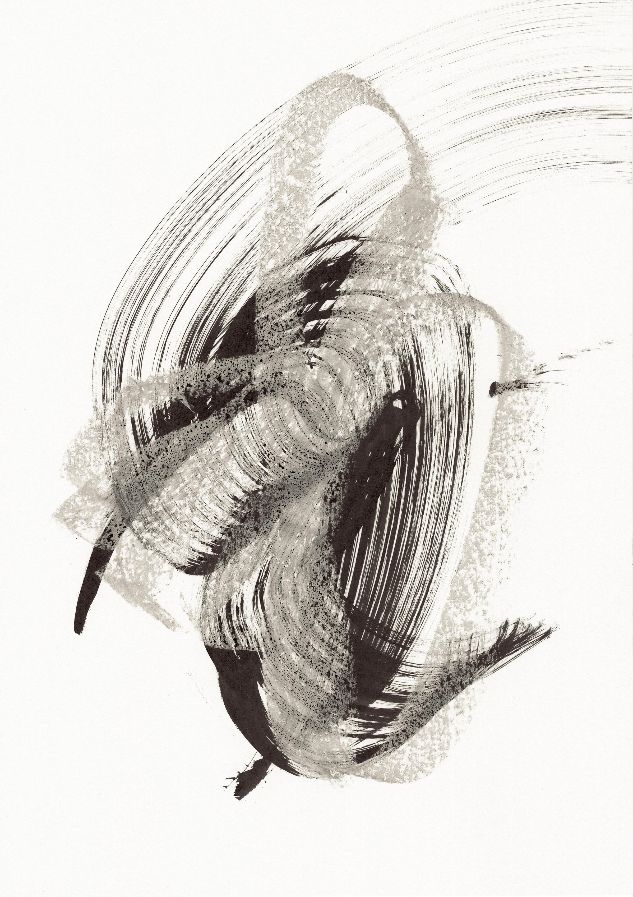 Sve Gri Abstract Drawing - Intuitive Zen Drawing. Abstract Minimalism. Monochrome art. Fan!