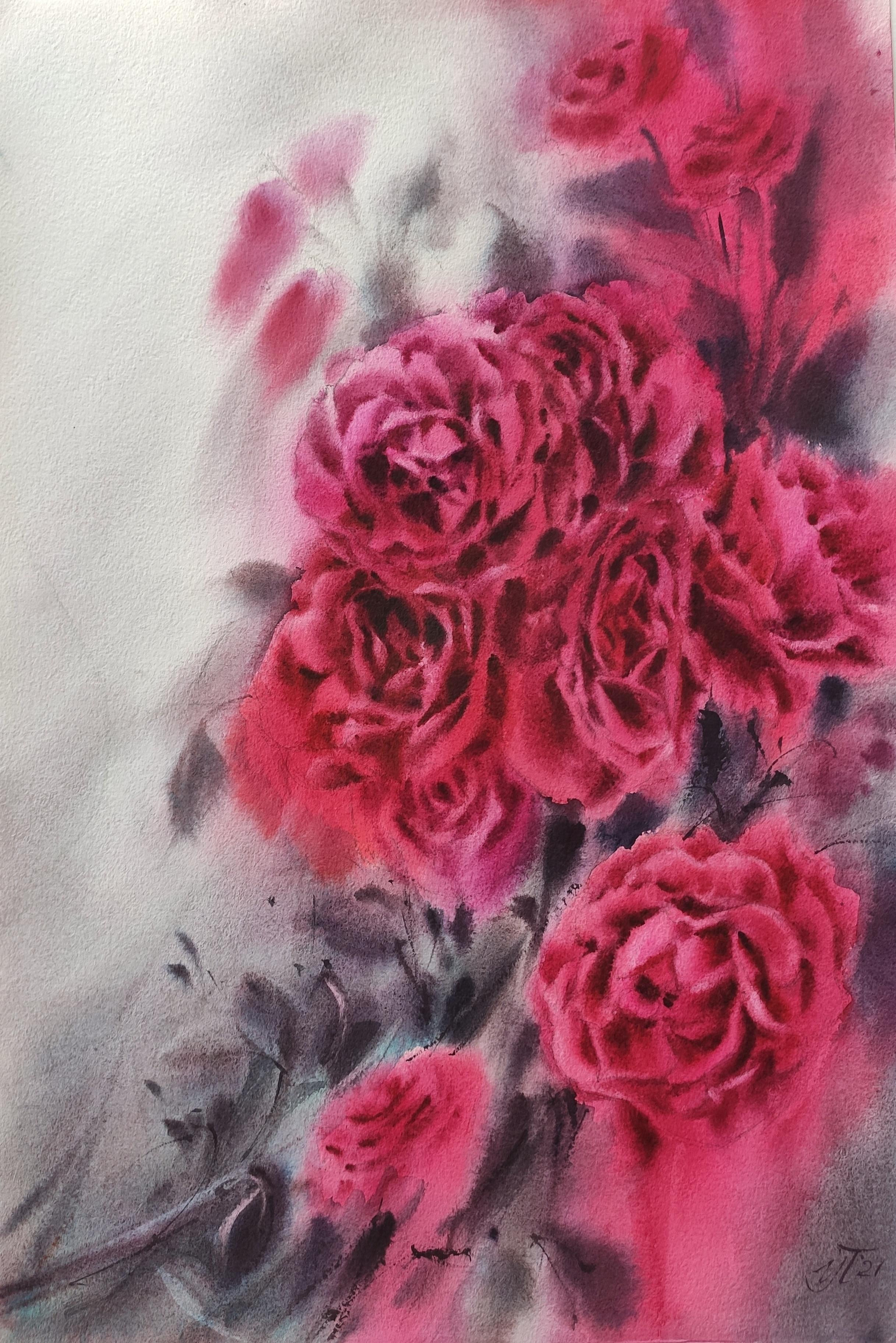 Irina Pronina Abstract Drawing - Scarlet roses Watercolor rose bouquet 
