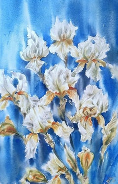 Weiße Irisen auf blauen Aquarellblumen 