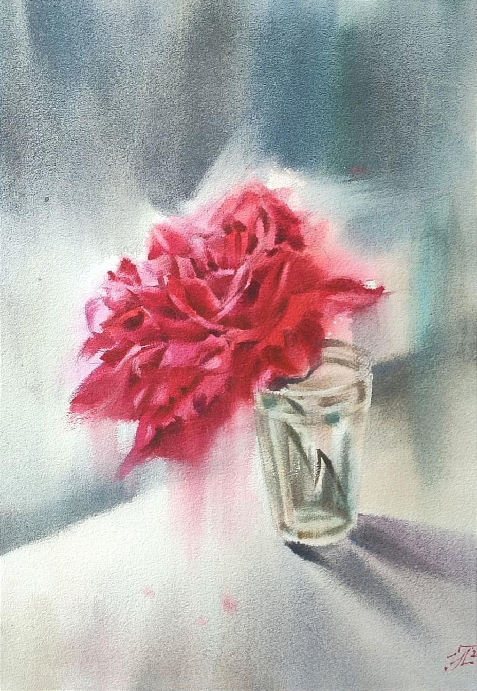 Irina Pronina  Still-Life - Delicate rose Watercolor painting Flowers Aquarelle 