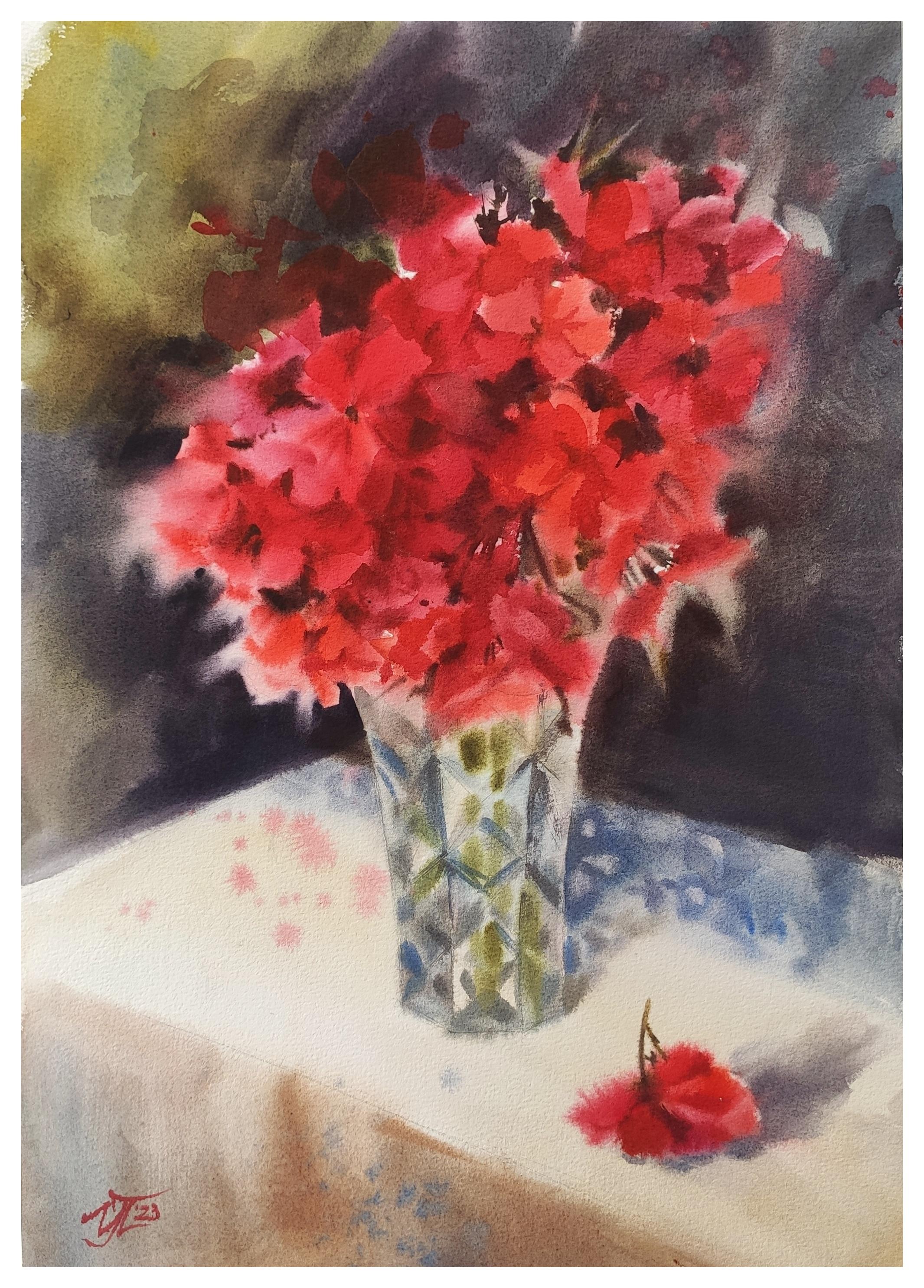 Irina Pronina  Interior Art – Aquarell mit Geranienblumenmalerei-Blumenstrauß in einer Vase