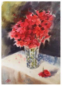 Watercolor with geranium Flower painting Bouquet in a vase