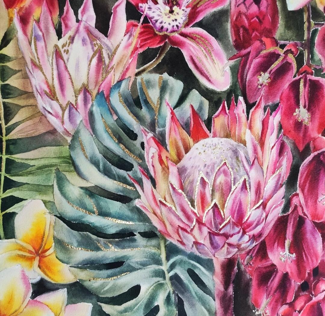 Une aquarelle représentant un potala pour un intérieur moderne.

Une peinture à l'aquarelle avec des fleurs tropicales lumineuses et des feuilles de monstera juteuses, décorées d'un potala doré. Des couleurs saturées et contrastées, une composition