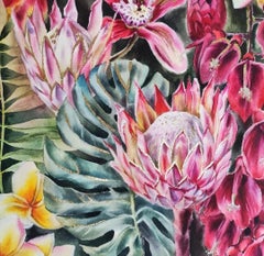 Tropical bouquet Watercolor painting with Gold Interior Flowers Art Aquarelle