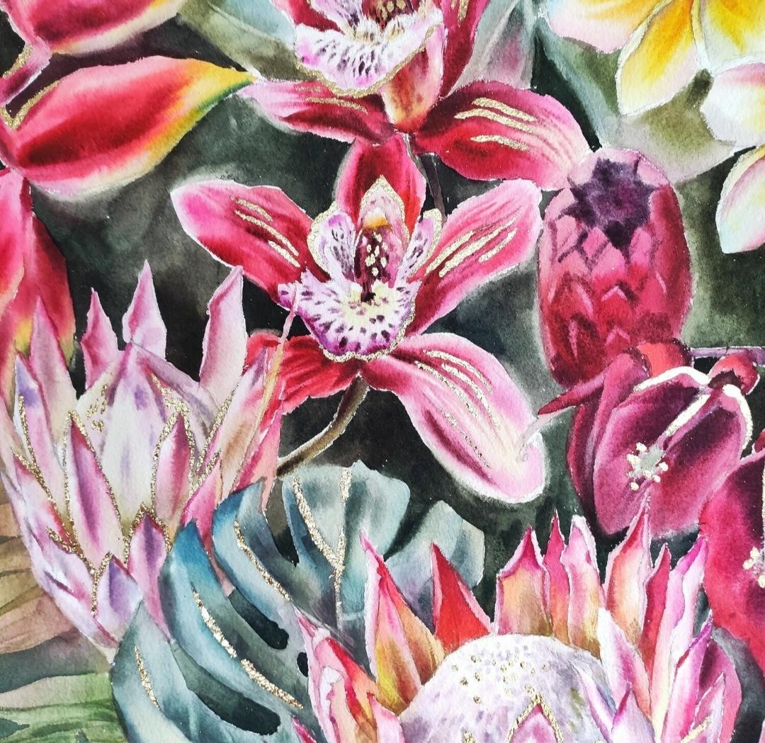 Tropisches Blumenstrauß-Aquarellgemälde mit goldenen Innenblumen, Kunst Aquarelle (Expressionismus), Art, von Irina Pronina