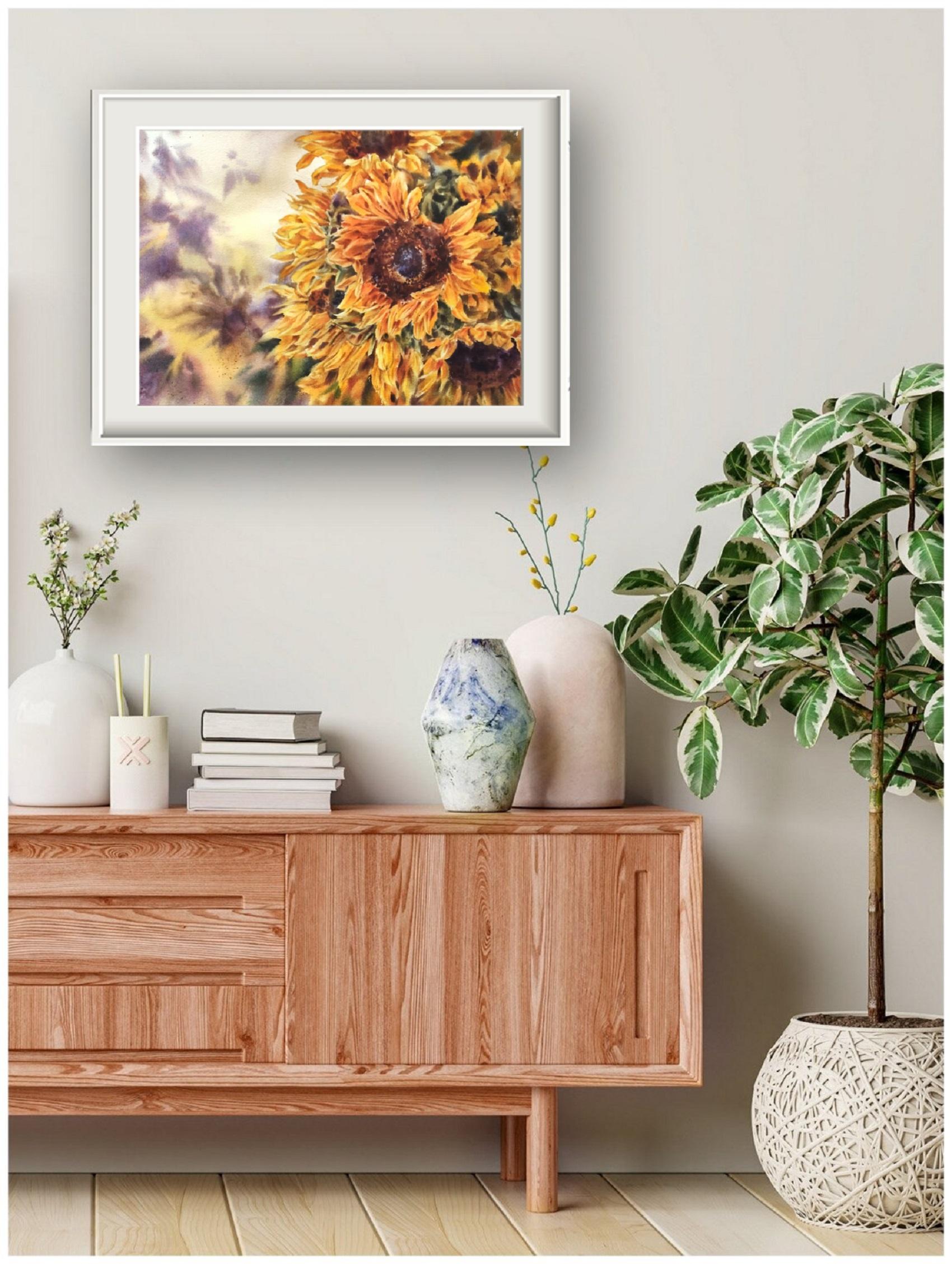 Watercolor painting with sunflowers for living room. Painting with sunflowers for bedroom. A beautiful floral painting with sunflowers for the interior.

Watercolor painting with golden, bright sunflowers. A painting filled with the warmth of sunny