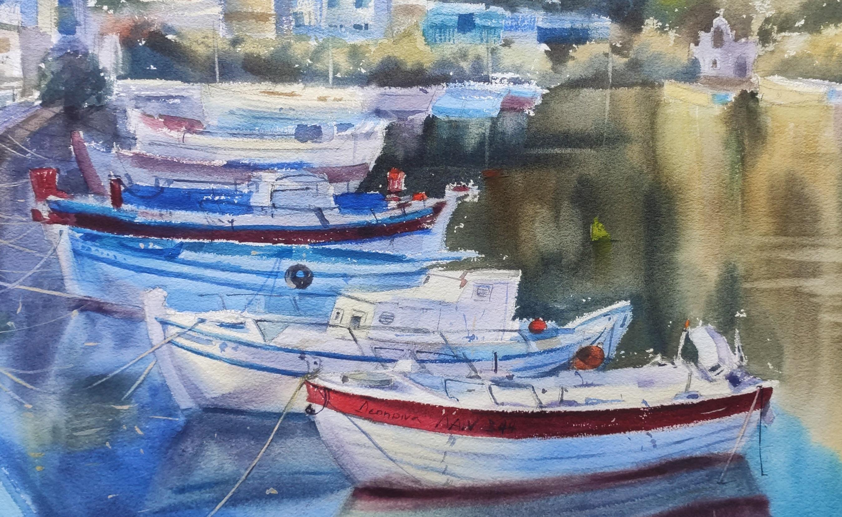 Boats and the sea Watercolor painting Blue sea Summer painting Sea port - Art by Irina Pronina