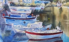 Boats and the sea Watercolor painting Blue sea Summer painting Sea port
