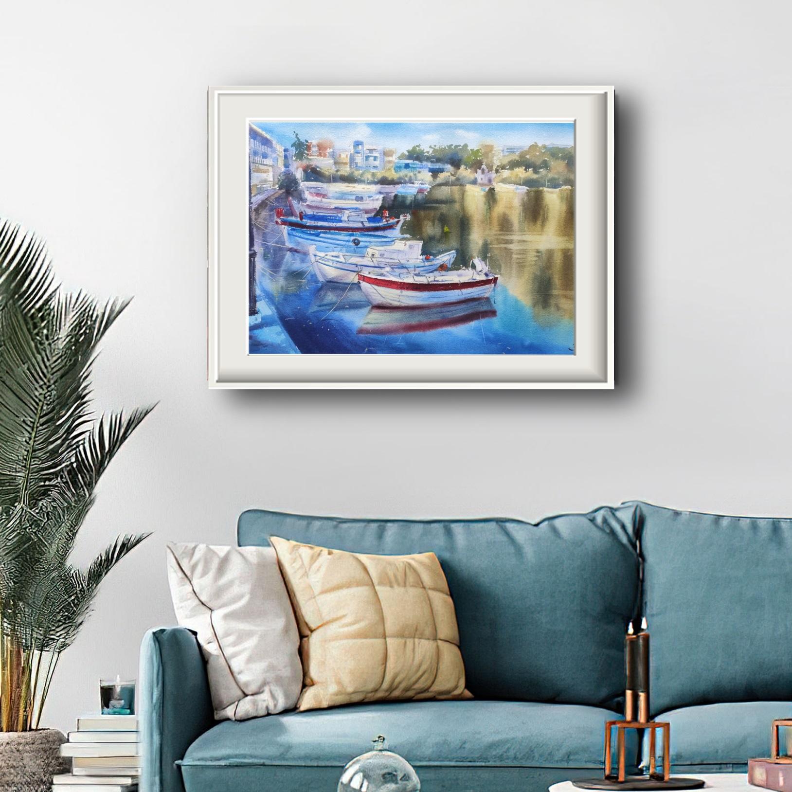 Boats and the sea Watercolor painting Blue sea Summer painting Sea port - Impressionist Art by Irina Pronina