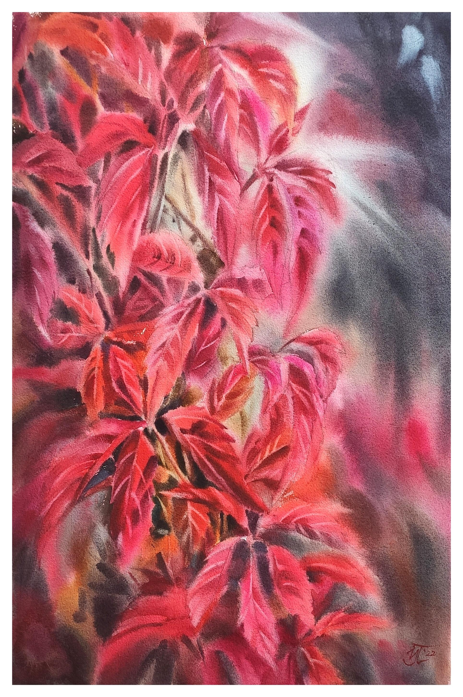  Autumn flame Watercolor painting Aquarela Red and grey colors