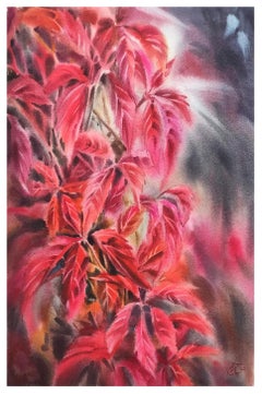  Autumn flame Watercolor painting Aquarela Red and grey colors