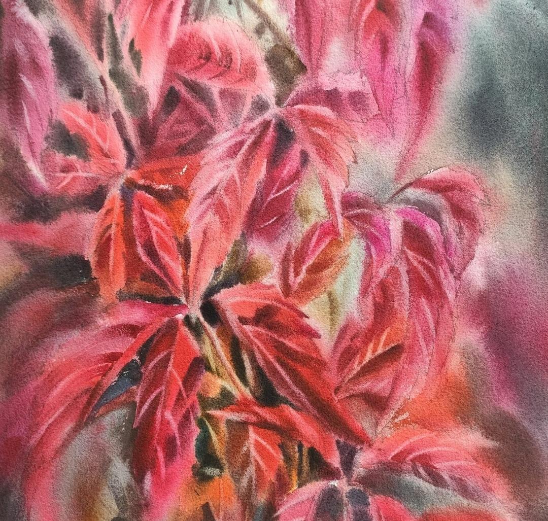  Autumn flame Watercolor painting Aquarela Red and grey colors - Art by Irina Pronina