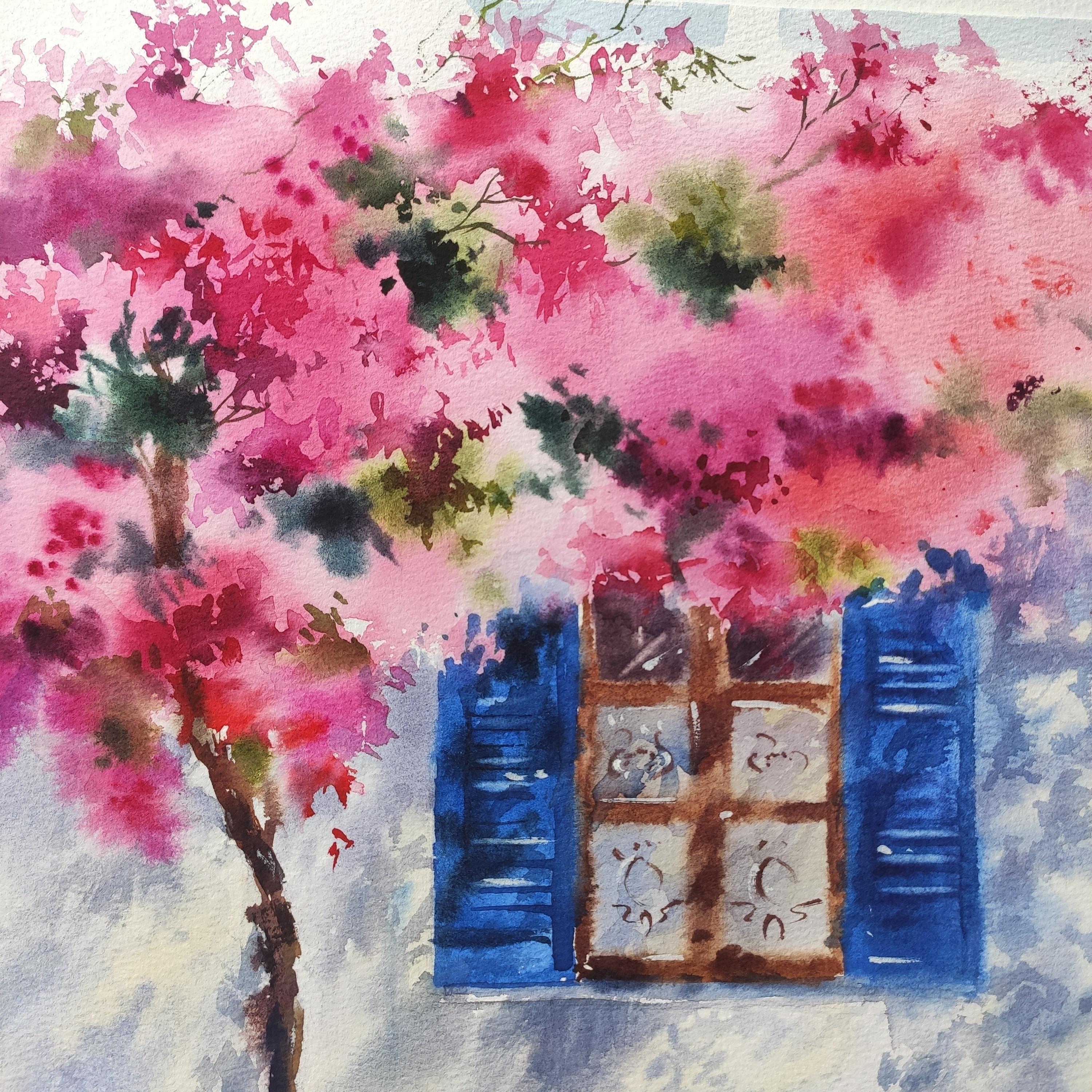 Greek landscape Watercolor summer painting - Art by Irina Pronina