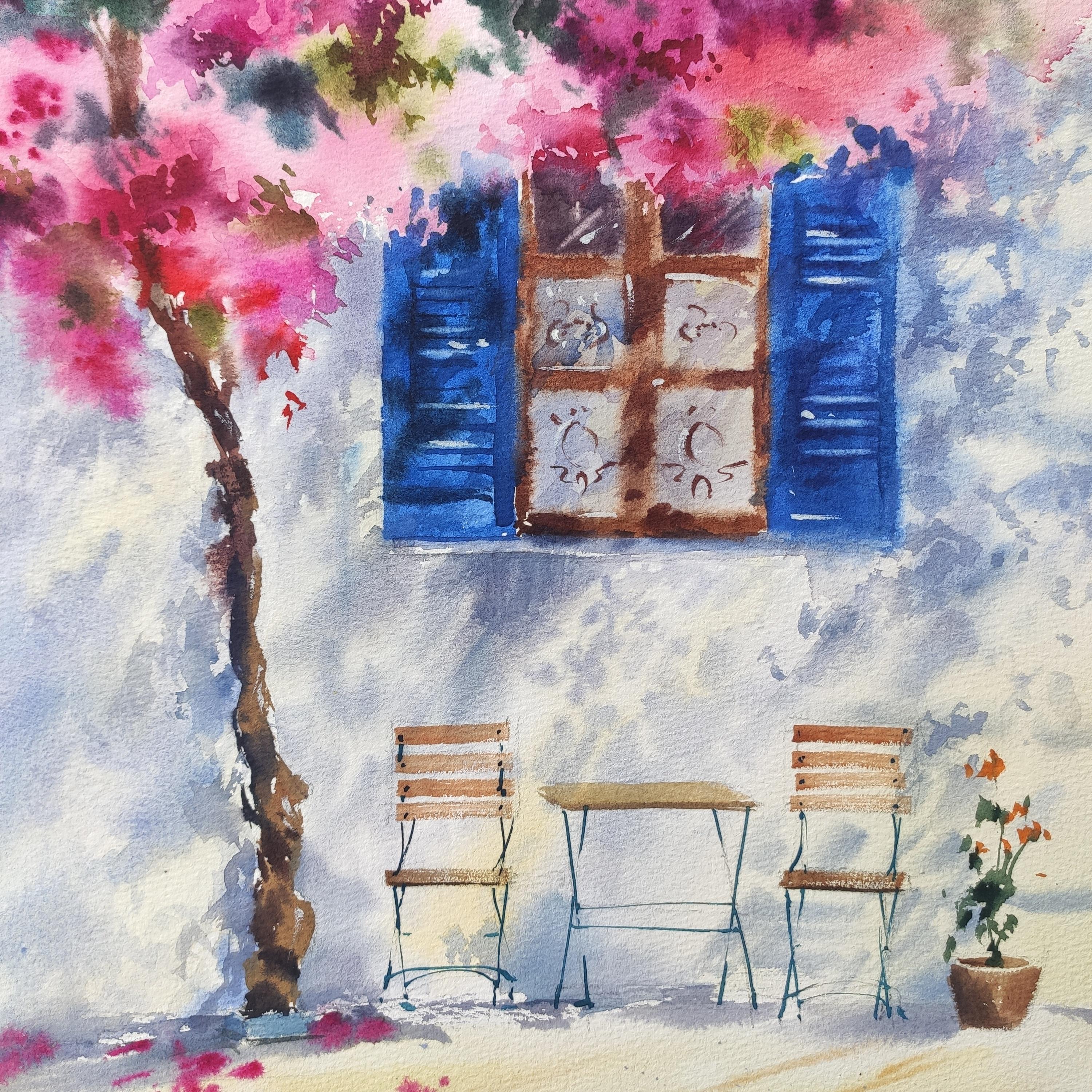 Paysage grec Aquarelle peinture d'été - Impressionnisme Art par Irina Pronina