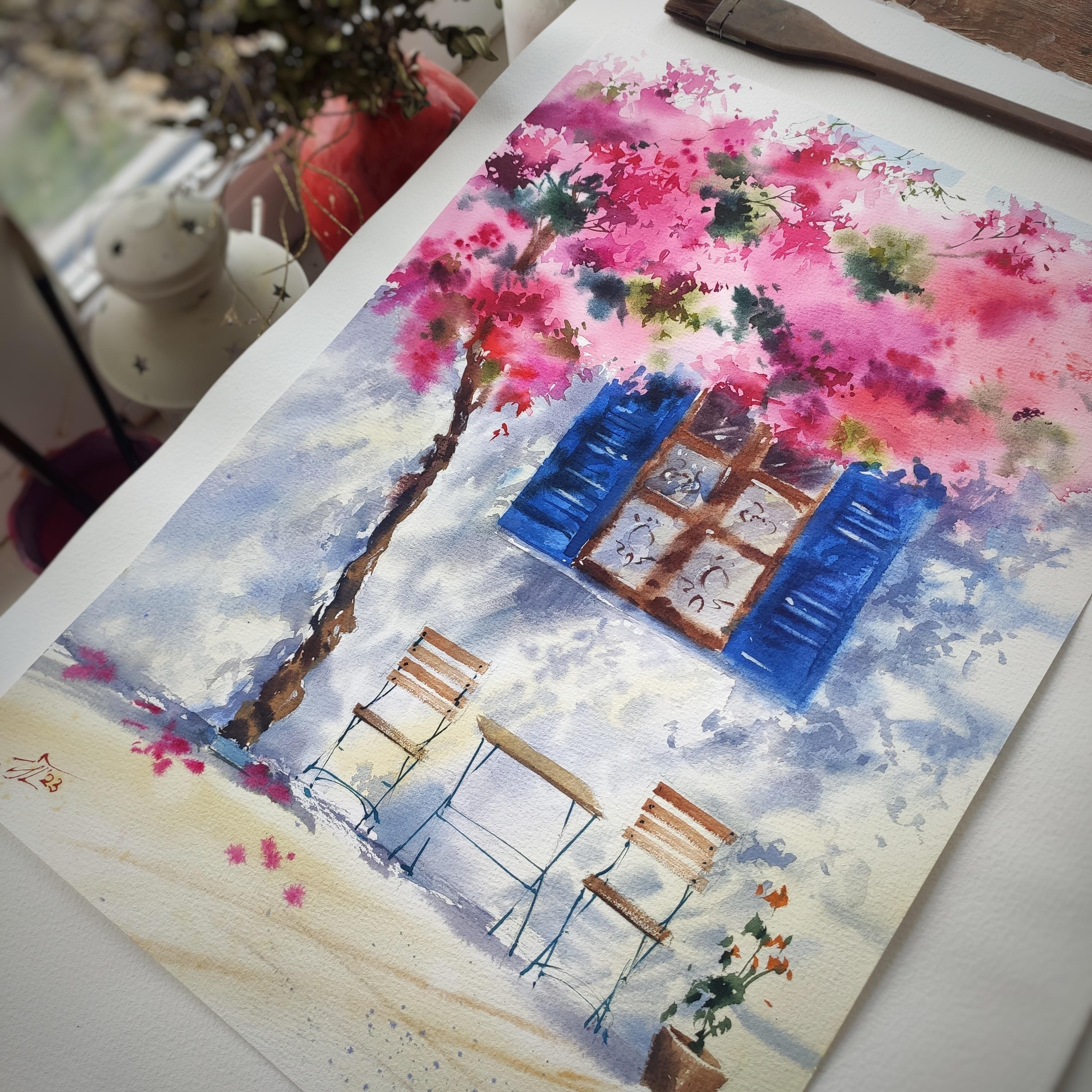 Paysage grec Aquarelle peinture d'été 1