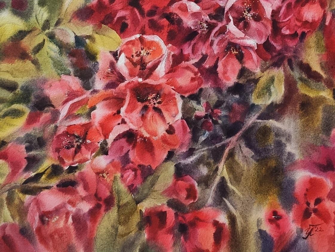 Passion quince Watercolor painting Floral art - Impressionist Art by Irina Pronina