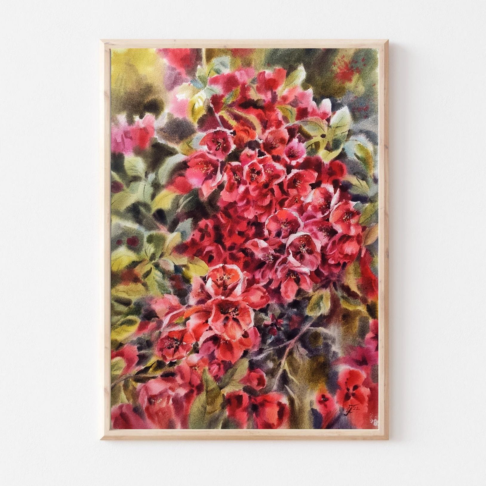 Painting in red and green colors. Painting for a green wall. Painting for a green interior. Green and red painting for living room. Painting for a classic style.

Watercolor painting with bright quince flowers. The quince branches blooming with