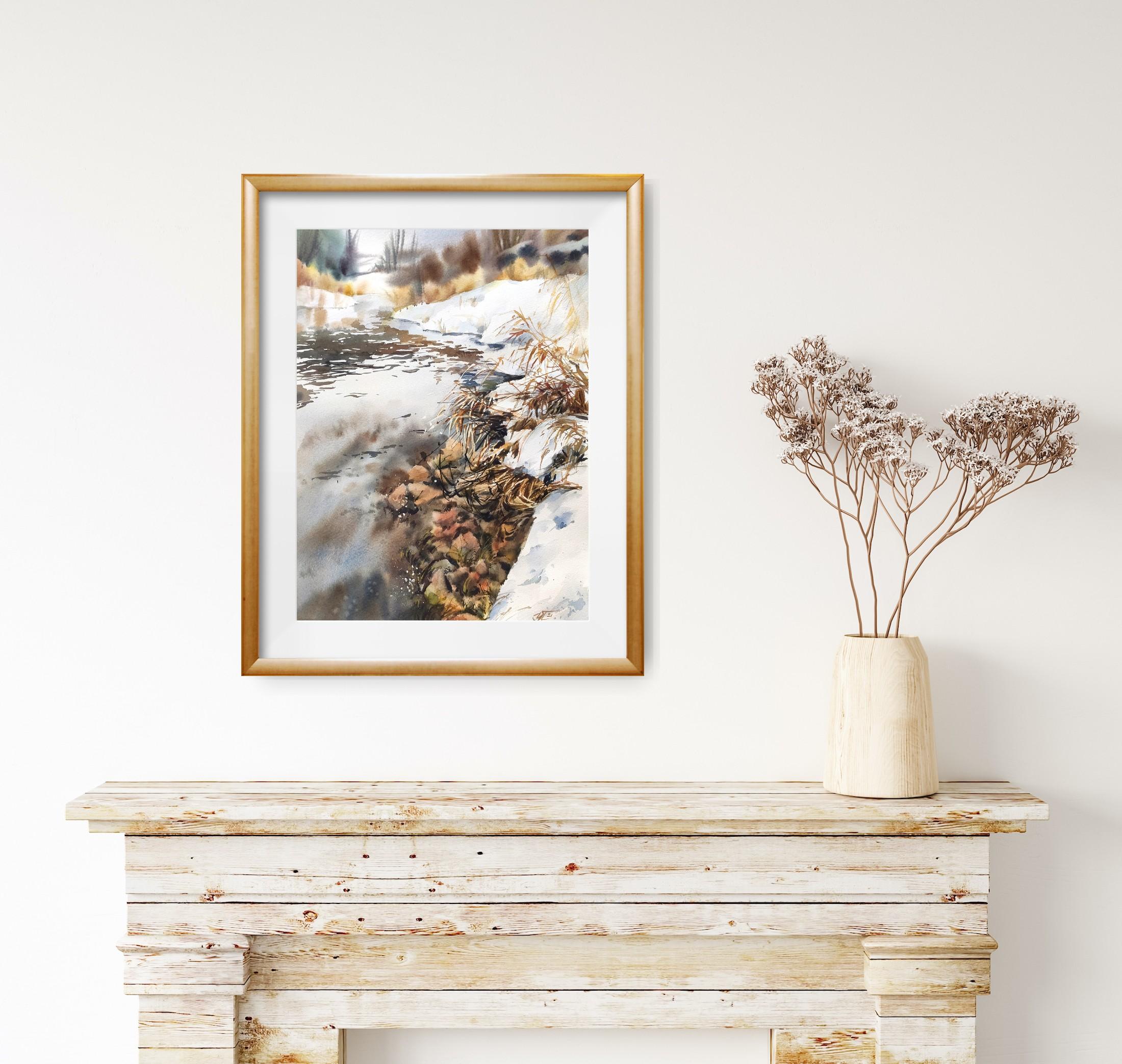 Watercolor nature painting on cotton paper size 38x49cm. 
This  spring watercolor with nature landscape is about the pre-spring mood, the approach of spring, the departing despondency of nature and the imminent warmth)
It is painted with