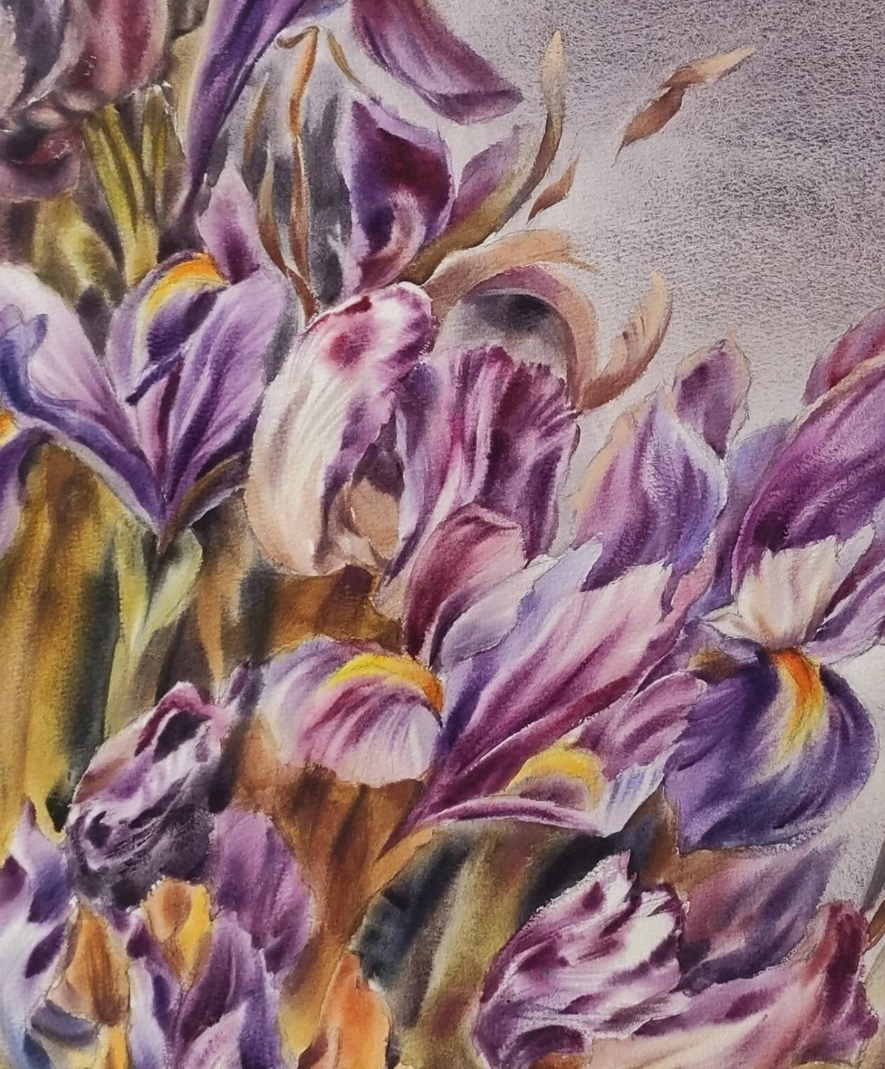 Blumenstrauß Aquarellblumen Schwertlilien – Painting von Irina Pronina