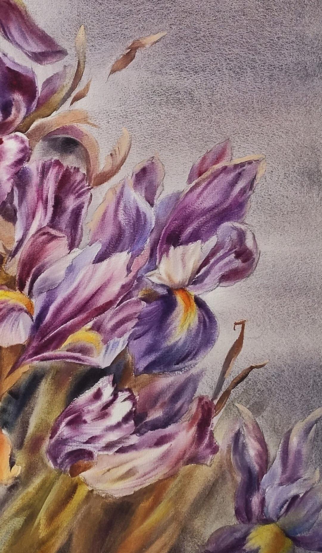 Blumenstrauß Aquarellblumen Schwertlilien (Impressionismus), Painting, von Irina Pronina