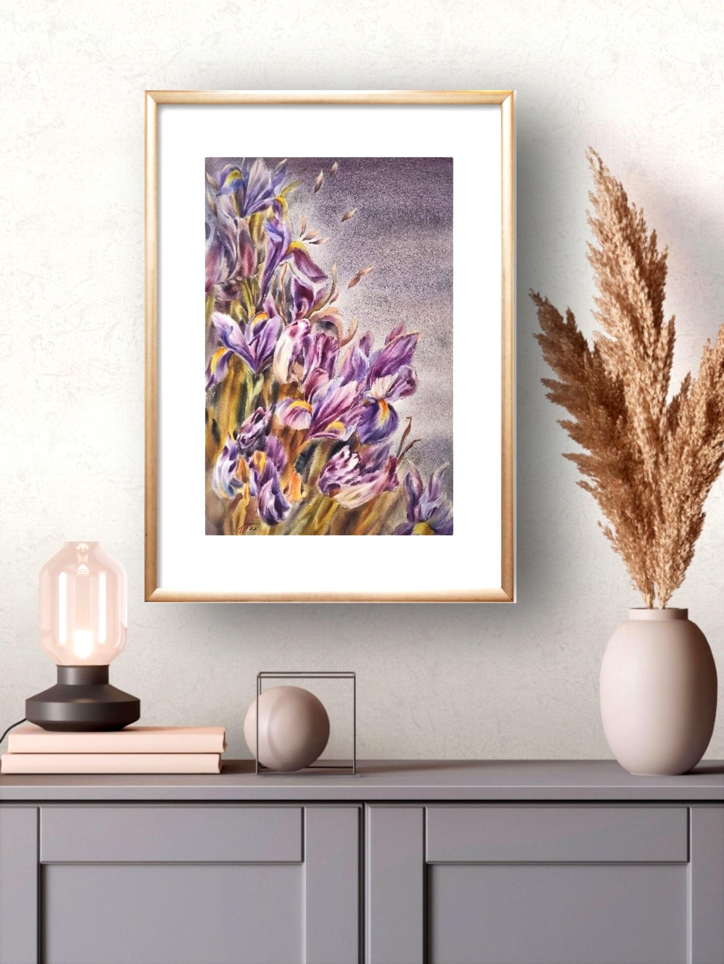Aquarell mit dynamischen Irisblüten, gemalt auf Baumwollpapier. Dieses Gemälde mit Blumenstrauß handelt von dem Licht, das immer kommt, um die dunklen Tage zu ersetzen. Dass die Menschen, wie die Blumen, immer nach Licht streben.
Malerei mit