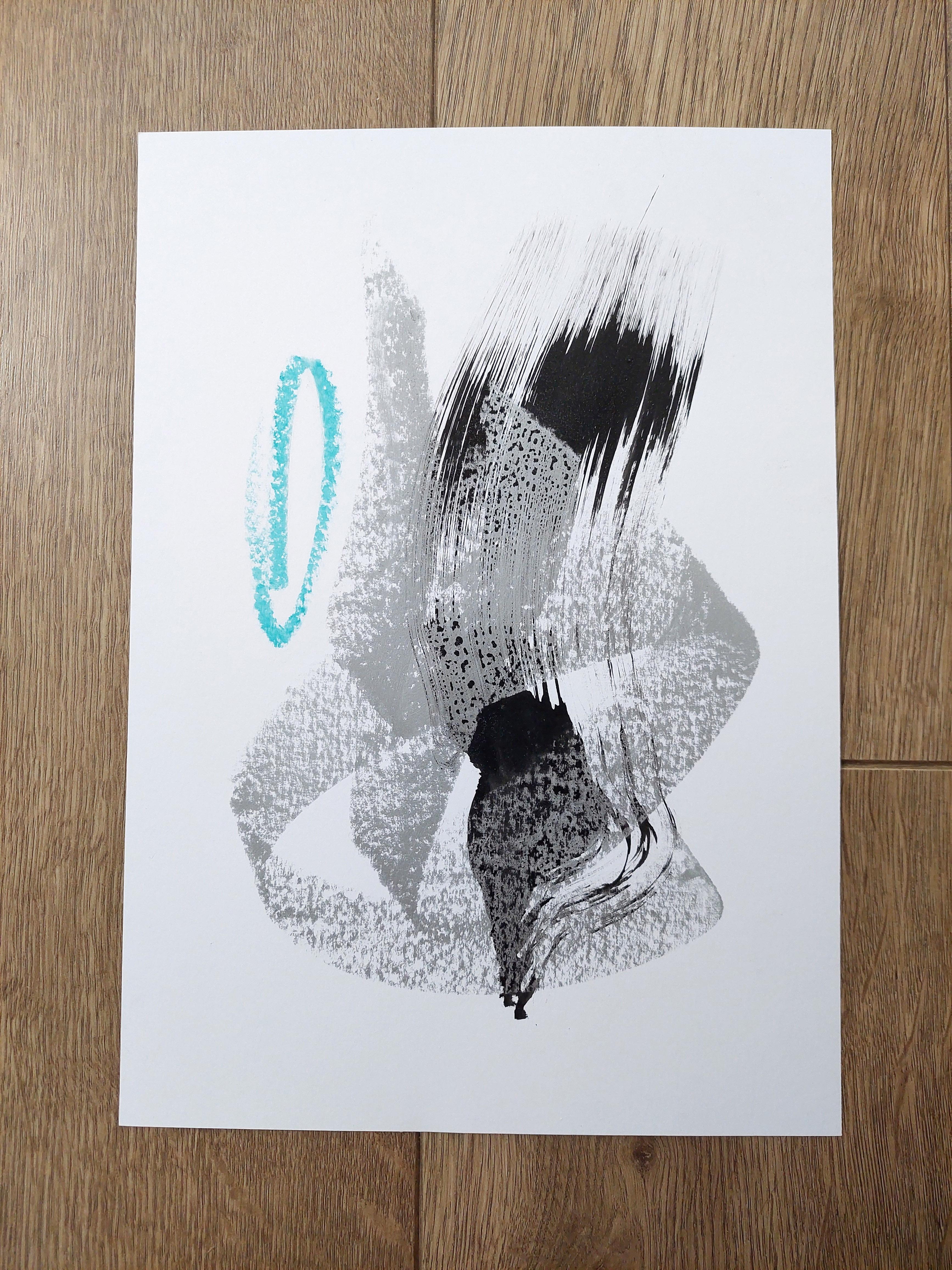 Abstrakte Kalligrafie. e Energetische, gestische Zeichnung. Humor Silber Mood - 1 (Abstrakter Expressionismus), Art, von Sve Gri