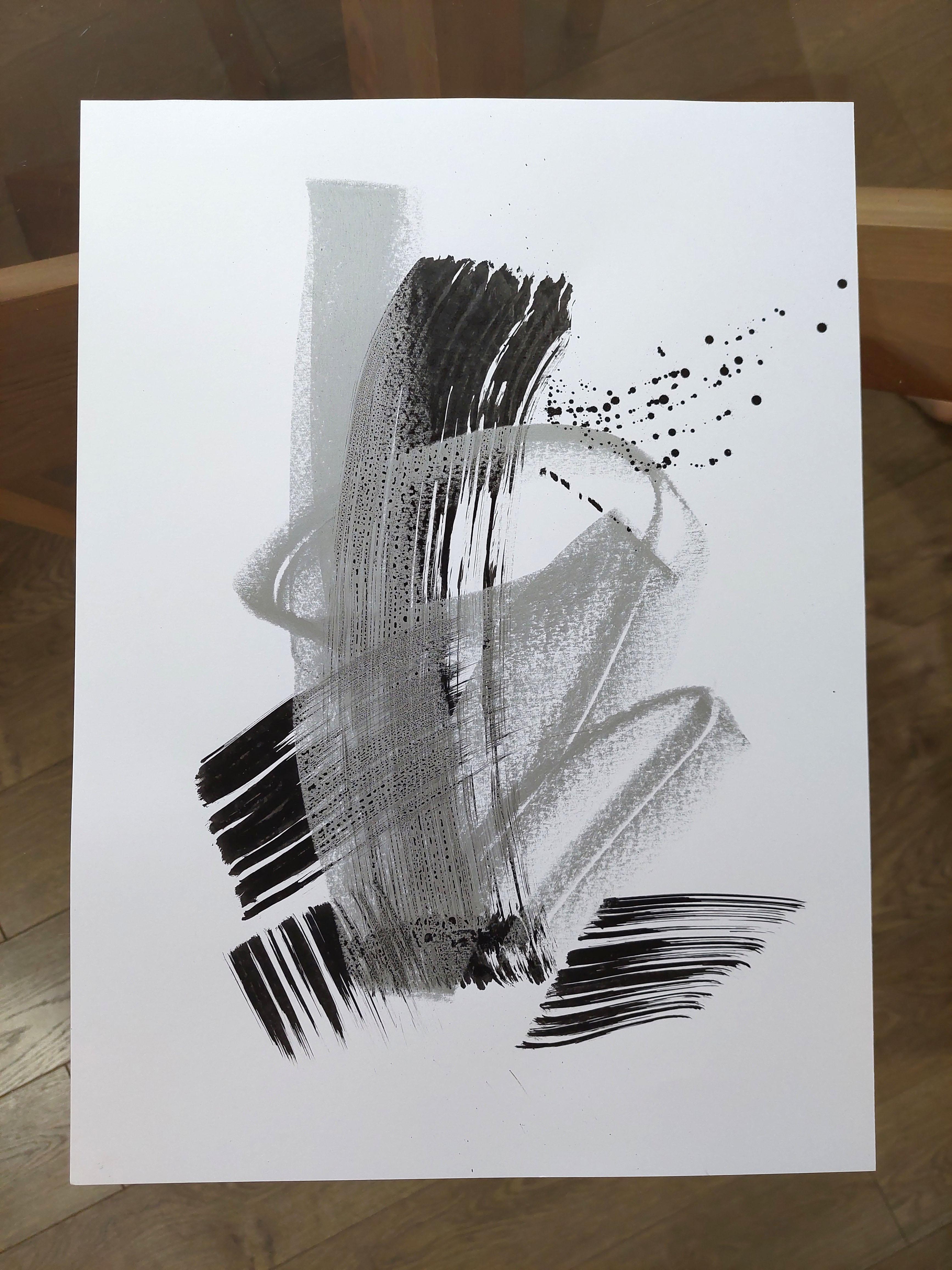 This abstract calligraphic drawing is made with Chinese ink and silver pastel on heavy white paper. Looking at it you can feel the freshness of instant impulse and the charge of cheerful energy! I danced a lot the day I drew this series of drawings,